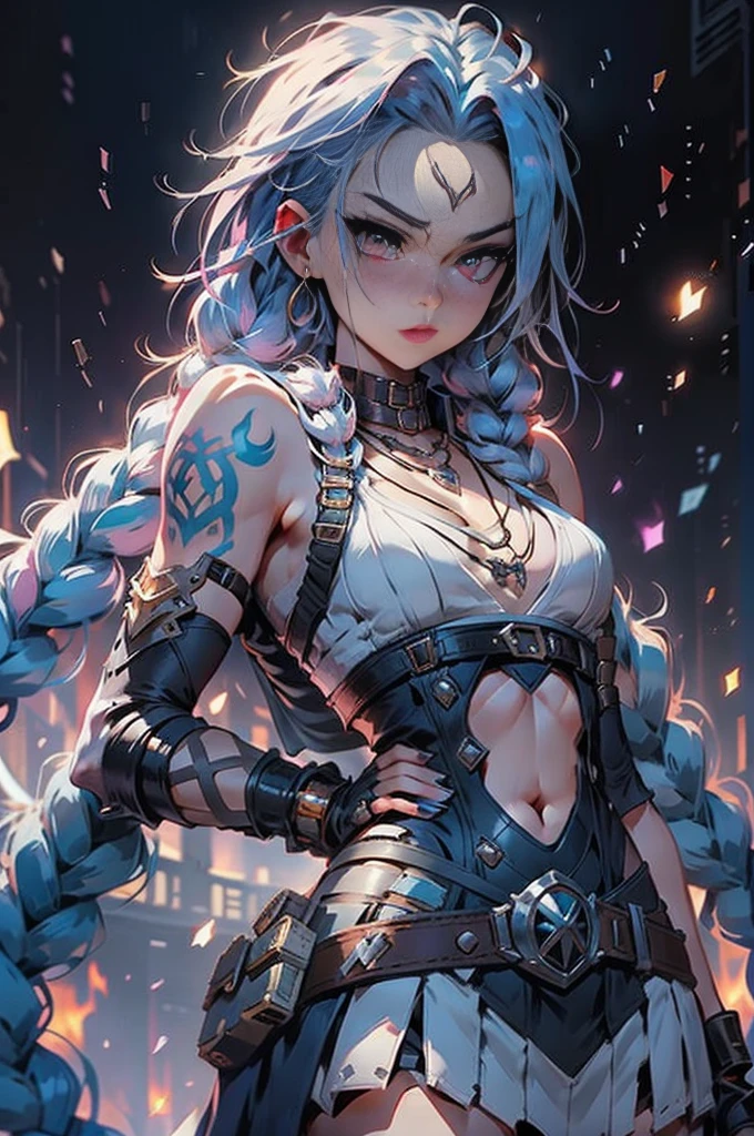 league of legend, (jinx \(league of legends\), 1girl, twin braids, single elbow glove, short shorts, bikini top only, necklace, belt, bullet, fingerless gloves), Solo、full body shot of,standing on your feet,head to toe,slimfigure、White web set、White plastic tights paired with thin clothes, golden glove、 ((mini-skirts)),Wearing pink tights under skirt、 (Full body suit that does not expose skin), shiny thin clothes、White plastic ceramic full body suit、Body-hugging armor