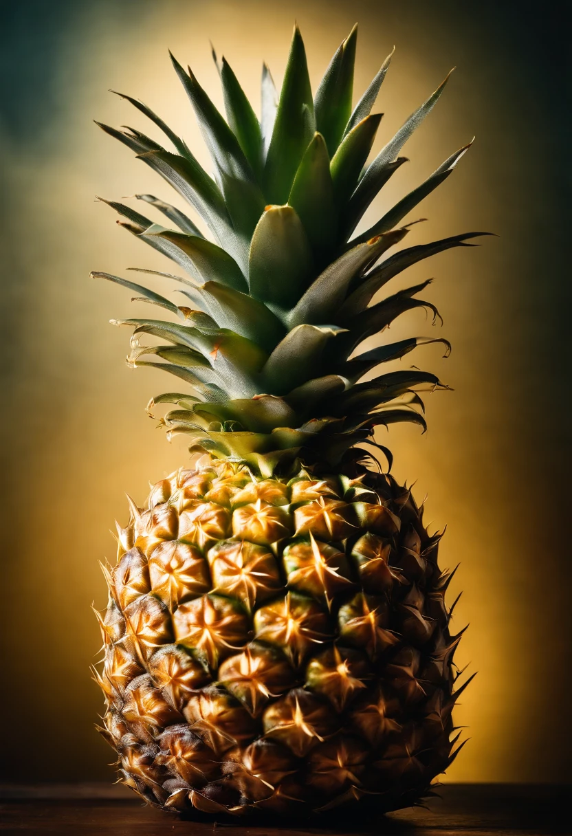 A high-resolution image of a ripe pineapple with intricate details of its spiky golden skin, capturing the texture and vibrant colors of the fruit in a visually captivating scene.