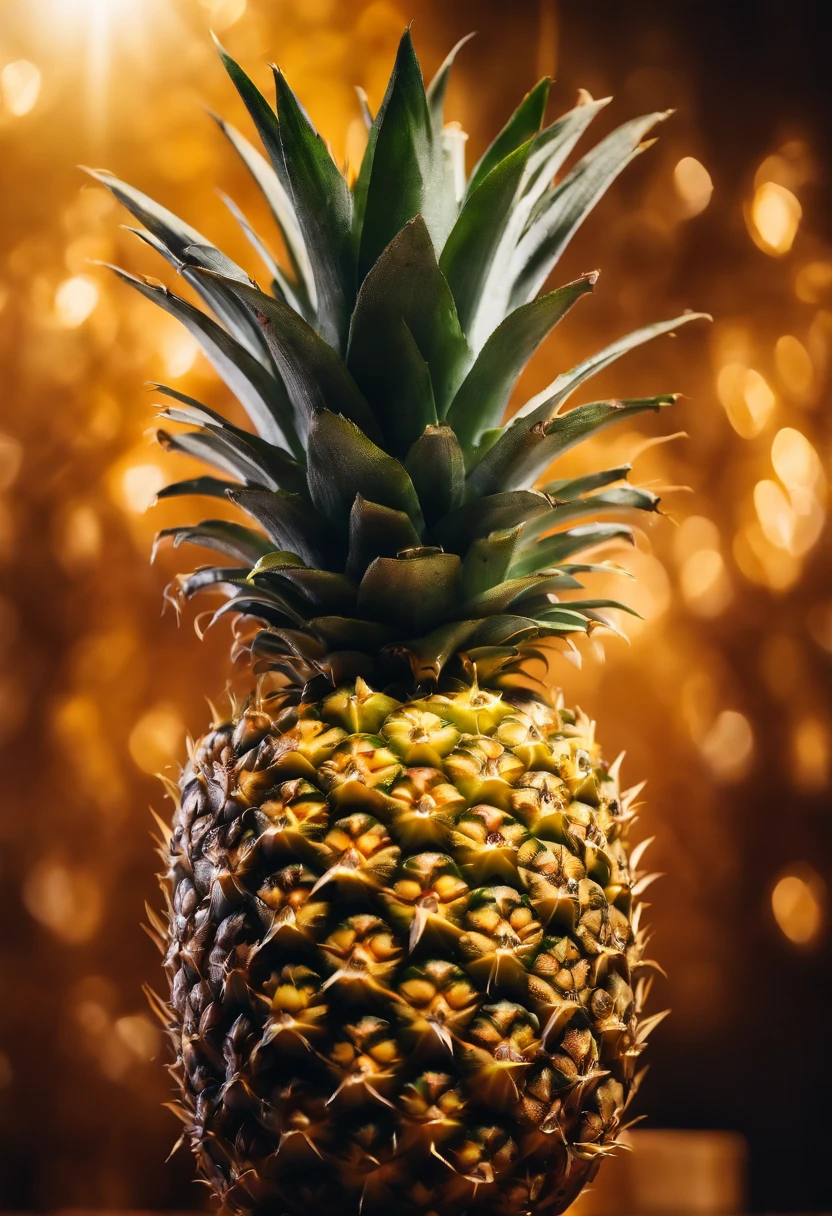 A high-resolution image of a ripe pineapple with intricate details of its spiky golden skin, capturing the texture and vibrant colors of the fruit in a visually captivating scene.