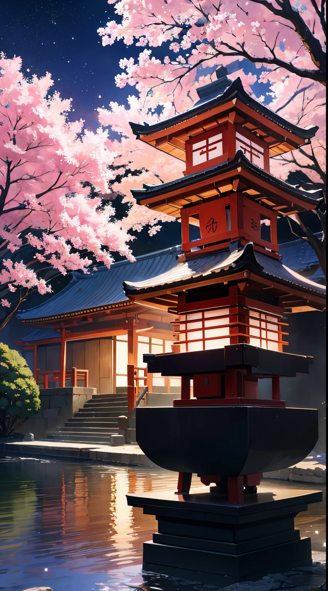 Japanese anime scene design，Ancient shrines，Ancient Japanese Showa style，cherry tree，Cherry blossoms are flying all over the sky，Quiet and elegant atmosphere，The painting style is delicate and soft，movie light effect，high-definition picture quality，rich details​，32K，Very perfect and unified 8K HD wallpaper，OC rendering sculpture