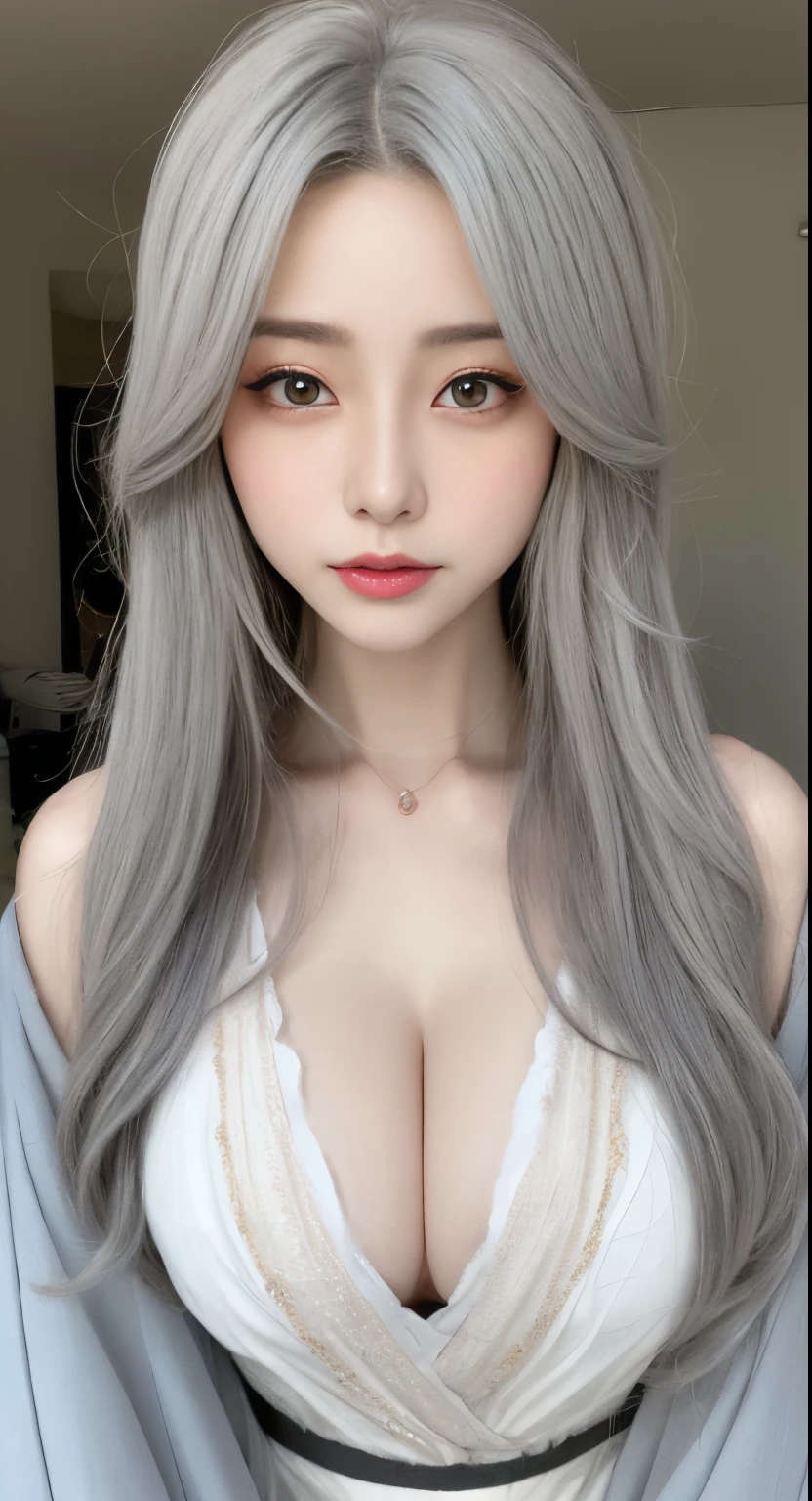 Beautiful woman with perfect figure:1.4,Layered Hair Style,Protruding cleavage:1.2,Hanfu,Highly detailed face and skin textures,Narrowed eyes,二重まぶた,Whitening skin,Long gray hair,knock