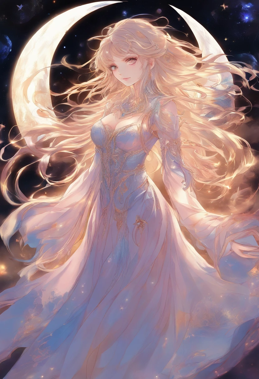 A woman with long hair and a flowing dress stands in the darkness, Blonde girl in cosmic dress, Amazing young ethereal figure, cosmic goddess, Astral appearance, galaxy goddess, Space Girl, Astral Fairy, Divine cosmic feminine power, Cosmic hair anime girl, goddess of space and time, Channeling rotational energy, A glowing halo surrounds her,Light,cleanness,Reflective,refractions,Ray traching,super-fine,Hyper-realistic,best qualtiy