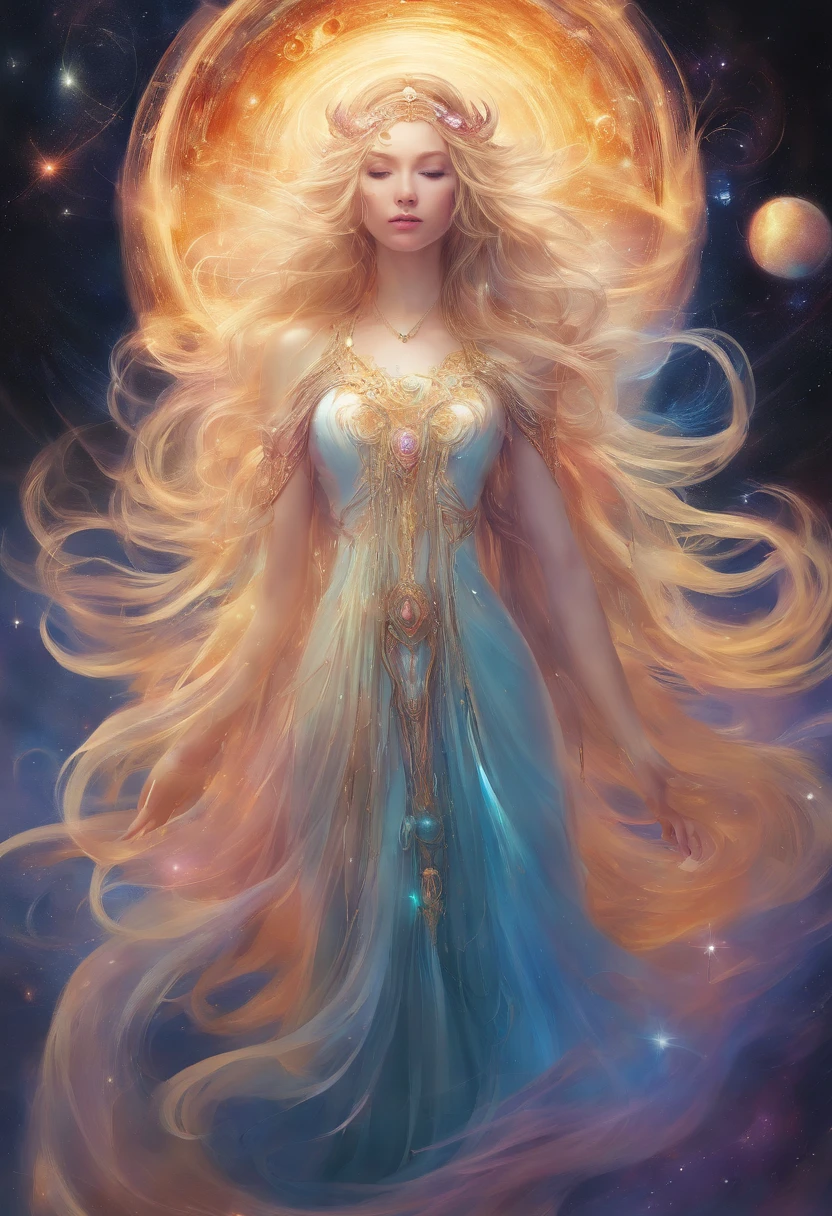 A woman with long hair and a flowing dress stands in the darkness, Blonde girl in cosmic dress, Amazing young ethereal figure, cosmic goddess, Astral appearance, galaxy goddess, Space Girl, Astral Fairy, Divine cosmic feminine power, Cosmic hair anime girl, goddess of space and time, Channeling rotational energy, A glowing halo surrounds her,Light,cleanness,Reflective,refractions,Ray traching,super-fine,Hyper-realistic,best qualtiy