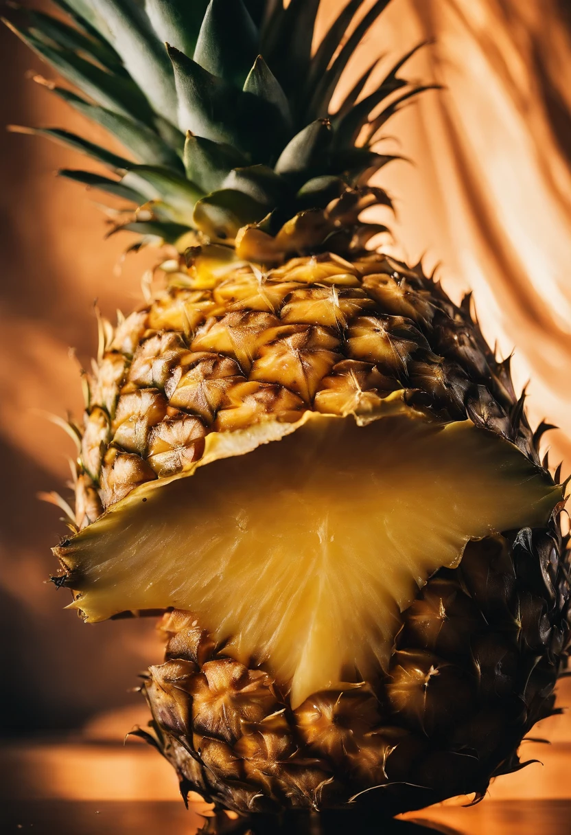 A visually stunning composition of a close-up shot of a pineapple slice, with its juicy flesh, textured core, and glistening droplets, creating a visually appetizing and refreshing image.