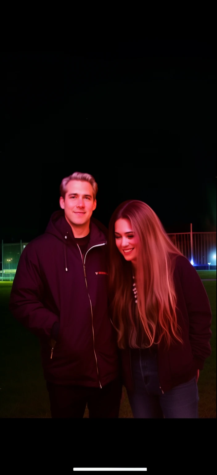 they are standing in a field at night time with a man and woman, both in black coats very very low quality picture, night time, very low light, poorly lit, tom bangshaw, photo taken at night, taken on a 2010s camera, profile picture, photograph taken in 2 0 2 0, taken in the late 2010s, fireworks in the background Pixar character