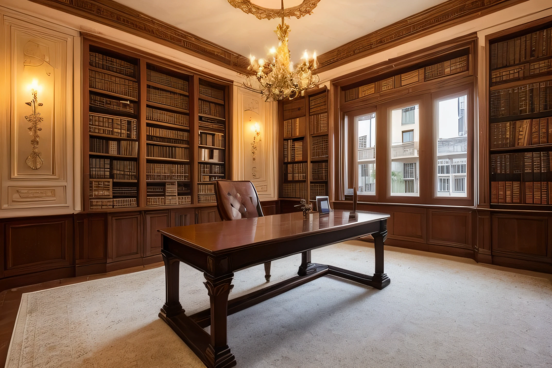 escrivaninha de madeira, janela longa, fundo escuro, burgundy wall, janela com cortina, piso de madeira, candelabro com velas em cima da mesa, piso de madeira, s office, mesa com livros, estante com livros, mesa de madeira, Old office, livros antigos, dark academy office, production office