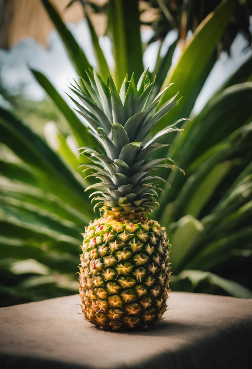 A close-up shot of a pineapple plant with its vibrant green leaves and the fruit growing at the center, capturing the natural beauty and growth of the pineapple in a visually organic scene.