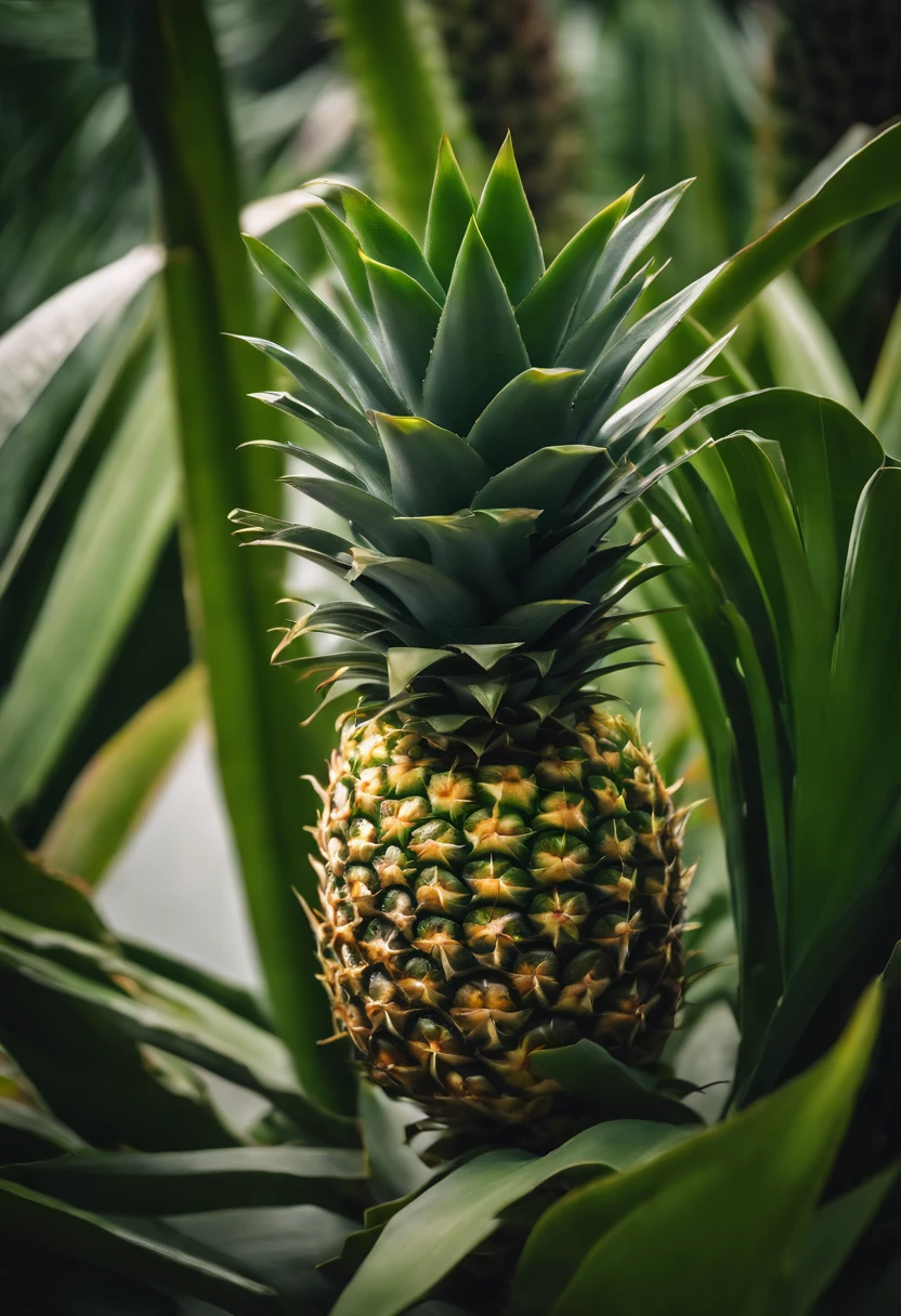 A close-up shot of a pineapple plant with its vibrant green leaves and the fruit growing at the center, capturing the natural beauty and growth of the pineapple in a visually organic scene.