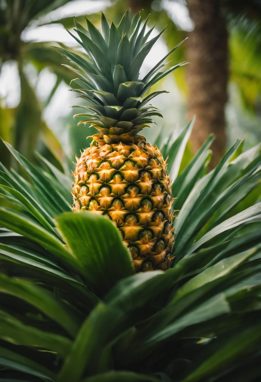 A close-up shot of a pineapple plant with its vibrant green leaves and the fruit growing at the center, capturing the natural beauty and growth of the pineapple in a visually organic scene.