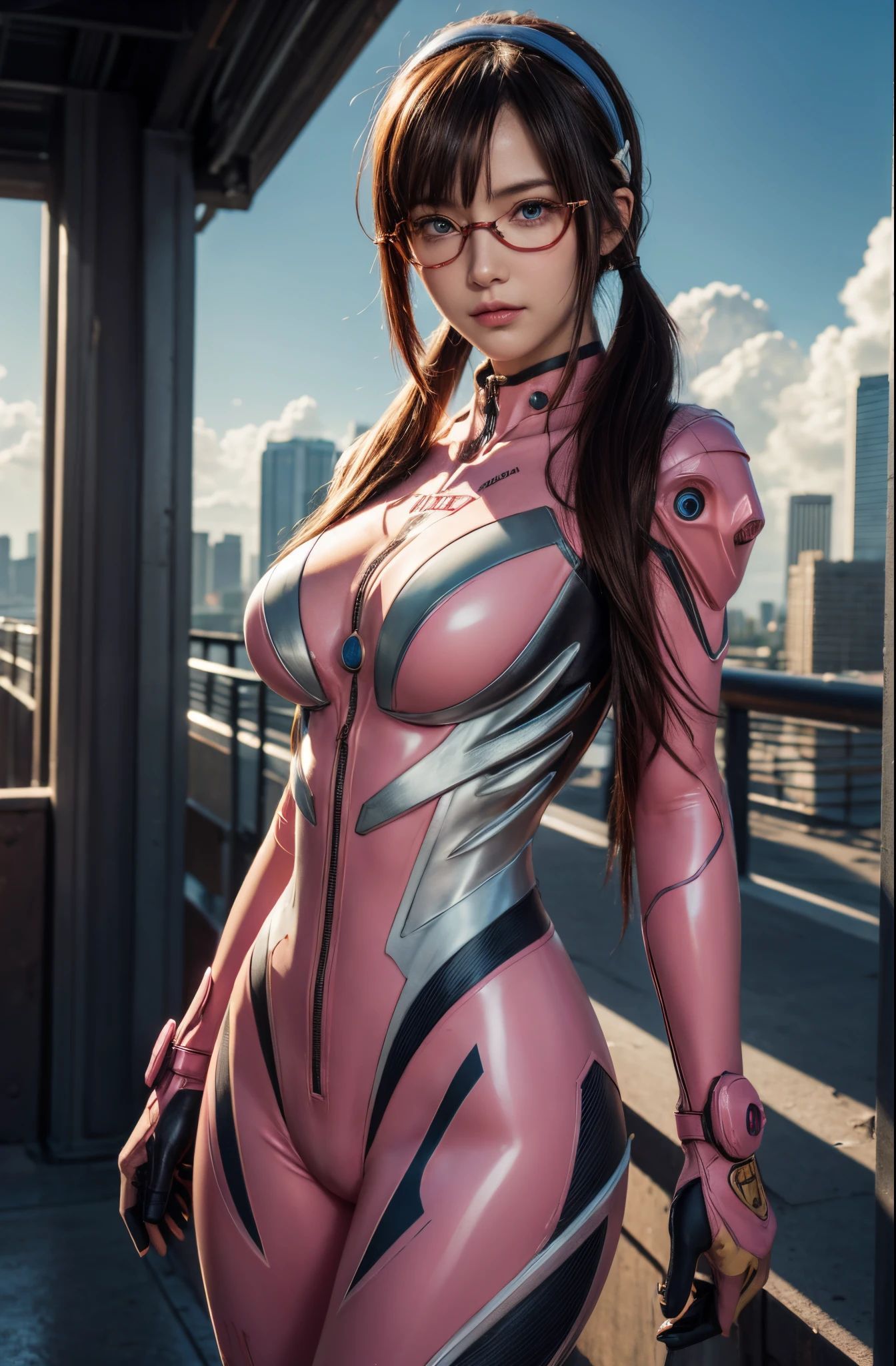 1girl, mari makinami, huge breasts, perfect body,long hair, brown hair, twintails, (low twintails:1.5), hairband, blue hairband, blue eyes, (parted bangs:1.5), smile, BREAK bodysuit, mecha, science fiction, red-framed eyewear, pilot suit, plugsuit, pink bodysuit, BREAK outdoors, city, sun, sky, clouds, BREAK looking at viewer, (cowboy shot:1.5), BREAK (masterpiece:1.2), best quality, high resolution, unity 8k wallpaper, (illustration:0.8), (beautiful detailed eyes:1.6), extremely detailed face, perfect lighting, extremely detailed CG, (perfect hands, perfect anatomy)