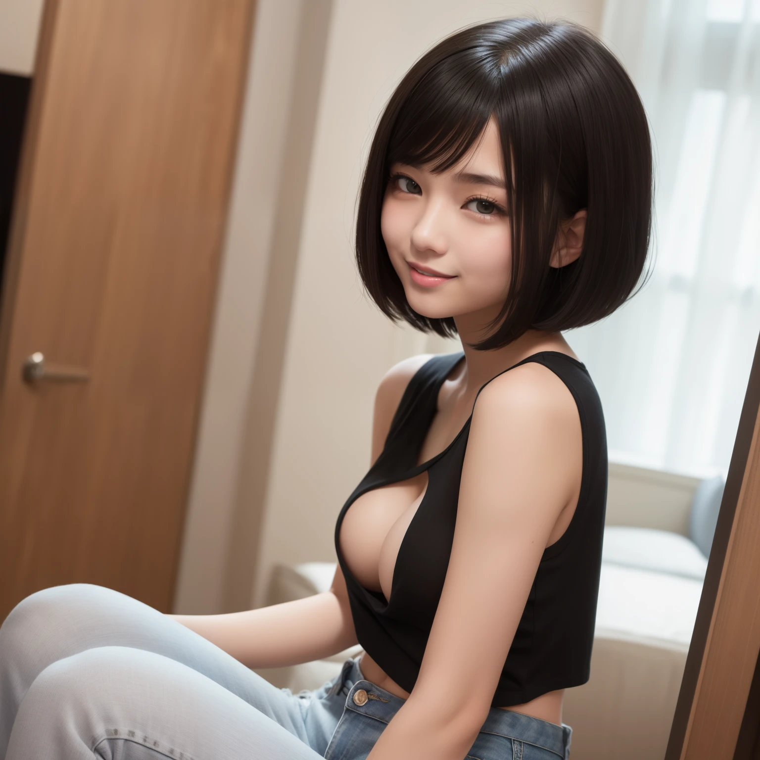 With the best image quality、age girl standing in room。(((Black Hair Bob Hair)))、Cute smile with mouth closed, no top, nude, White camisole、Denim short sleeve pants
