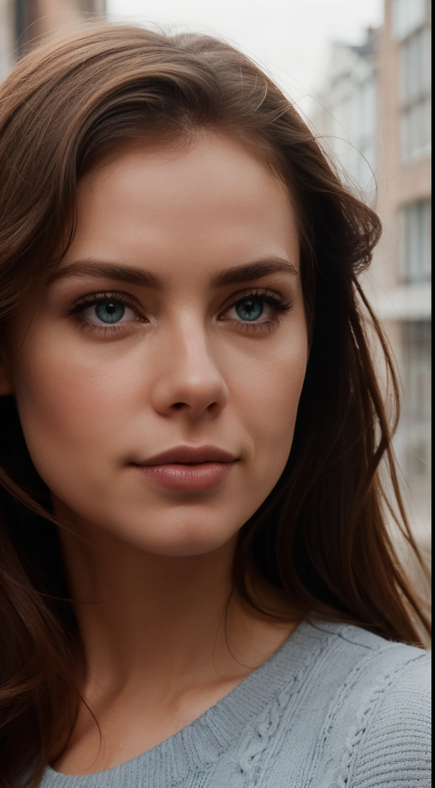 A close-up portrait of a stunning woman resembling the actress Amy Adams, her features highlighted by the soft light filtering through the rainy day outside. Her delicate features, highlighted with a light dusting of foundation, are contrasted beautifully against the dark, wet pavement behind her. She wears a simple, yet chic gray sweater, which clings to her body, revealing her toned arms and shoulders. Her hair, normally styled in loose curls, hangs limply around her face, accentuating her piercing blue eyes. In the background, the iconic canals of Amsterdam are visible, their surfaces rippling gently from the rain, their colors muted to earthy hues by the autumnal air. S0he gazes pensively into the distance, her lips slightly parted, revealing her slightly chapped pink lips., close-up shot, cool-toned sterile colors, silhouette