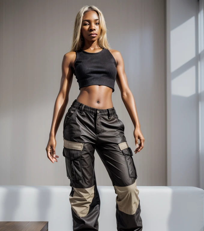 A solo full shot of an attractive ((skin young woman ))she is beautiful and petite ((wearing a top and cargo utility pant)) ((lifelike skin texture))  she is smiling ((happy expression)) ((very detailed image )) she has a petite figure ((stunning eyes and a sharp nose)) a perfect (( long blonde white hair)) ((standing in a neat living room))0 UHD, a Masterpiece,Realistic textures,(( hyper-realistic)), 8k, photorealistic, XT3 grain,Fujifilm((ines c dos Santos)) striped shirt and pants