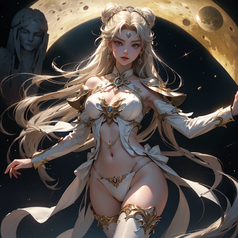 obra prima、corpo inteiro, pose sensual, Ful:1.3、stands、8k、。.......3d、realisitic、Ultra Micro Fotografia、qualidade superior、Wallpapers with extreme details CG Unity 8k、de baixo、detalhes intrincados、(1 female)、28 anos、(bikini branco, lua eterna do marinheiro)、(Loira incrivelmente longa e brilhante de duas caudas:1.4、Loira de cauda dupla reta fina e muito longa, hair buns、Ornamento de cabelo redondo vermelho em um coque de cabelo)、very suitable and suitable high gloss white holographic leather、Sexy high-shine white silver bikini with high-leg cut that shines like oil,The pants are visible,Pose de modelo sexy:1.2、dynamicposes:1.2,enormes asas brancas nas costas(Detalhes do rosto:1.5、olhos azuis、beautiful expression、Olhos belos、Iris sketch, Olhos com destaques、Lips up:1.5、up to, Sharp, pale eyebrows,、long eyeslashes、Double eyelashes、up to, para cima e musculosos,,um rosto pequeno、peito alto e grande、perfectly proportions、seios grandes cintura fina、visible pore、sorriso sedutor、perfect hand:1.5、octan render、highly dramatic picture、(divindade lunar,cosmic background、Raios ao luar、uma lua、Dynamic backgrounds、exquisite lighting and shadow、dynamic nail、Antecedentes detalhados),Luz natural forte、luz solar、Digital SLR、foco nítido: 1.0、Maximum clarity and sharpness、Mecha Musume,(coelho, coque duplo, bicaudal, Faixa separada, circlet, jewelries, brincos, gargantilha, red bow, luvas brancas, Bosques de Cotovelo