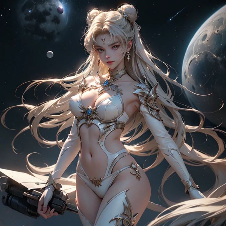 obra prima、corpo inteiro, pose sensual, Ful:1.3、stands、8k、。.......3d、realisitic、Ultra Micro Fotografia、qualidade superior、Wallpapers with extreme details CG Unity 8k、de baixo、detalhes intrincados、(1 female)、28 anos、(bikini branco, lua eterna do marinheiro)、(Loira incrivelmente longa e brilhante de duas caudas:1.4、Loira de cauda dupla reta fina e muito longa, hair buns、Ornamento de cabelo redondo vermelho em um coque de cabelo)、very suitable and suitable high gloss white holographic leather、Sexy high-shine white silver bikini with high-leg cut that shines like oil,The pants are visible,Pose de modelo sexy:1.2、dynamicposes:1.2,enormes asas brancas nas costas(Detalhes do rosto:1.5、olhos azuis、beautiful expression、Olhos belos、Iris sketch, Olhos com destaques、Lips up:1.5、up to, Sharp, pale eyebrows,、long eyeslashes、Double eyelashes、up to, para cima e musculosos,,um rosto pequeno、peito alto e grande、perfectly proportions、seios grandes cintura fina、visible pore、sorriso sedutor、perfect hand:1.5、octan render、highly dramatic picture、(divindade lunar,cosmic background、Raios ao luar、uma lua、Dynamic backgrounds、exquisite lighting and shadow、dynamic nail、Antecedentes detalhados),Luz natural forte、luz solar、Digital SLR、foco nítido: 1.0、Maximum clarity and sharpness、Mecha Musume,(coelho, coque duplo, bicaudal, Faixa separada, circlet, jewelries, brincos, gargantilha, red bow, luvas brancas, Bosques de Cotovelo