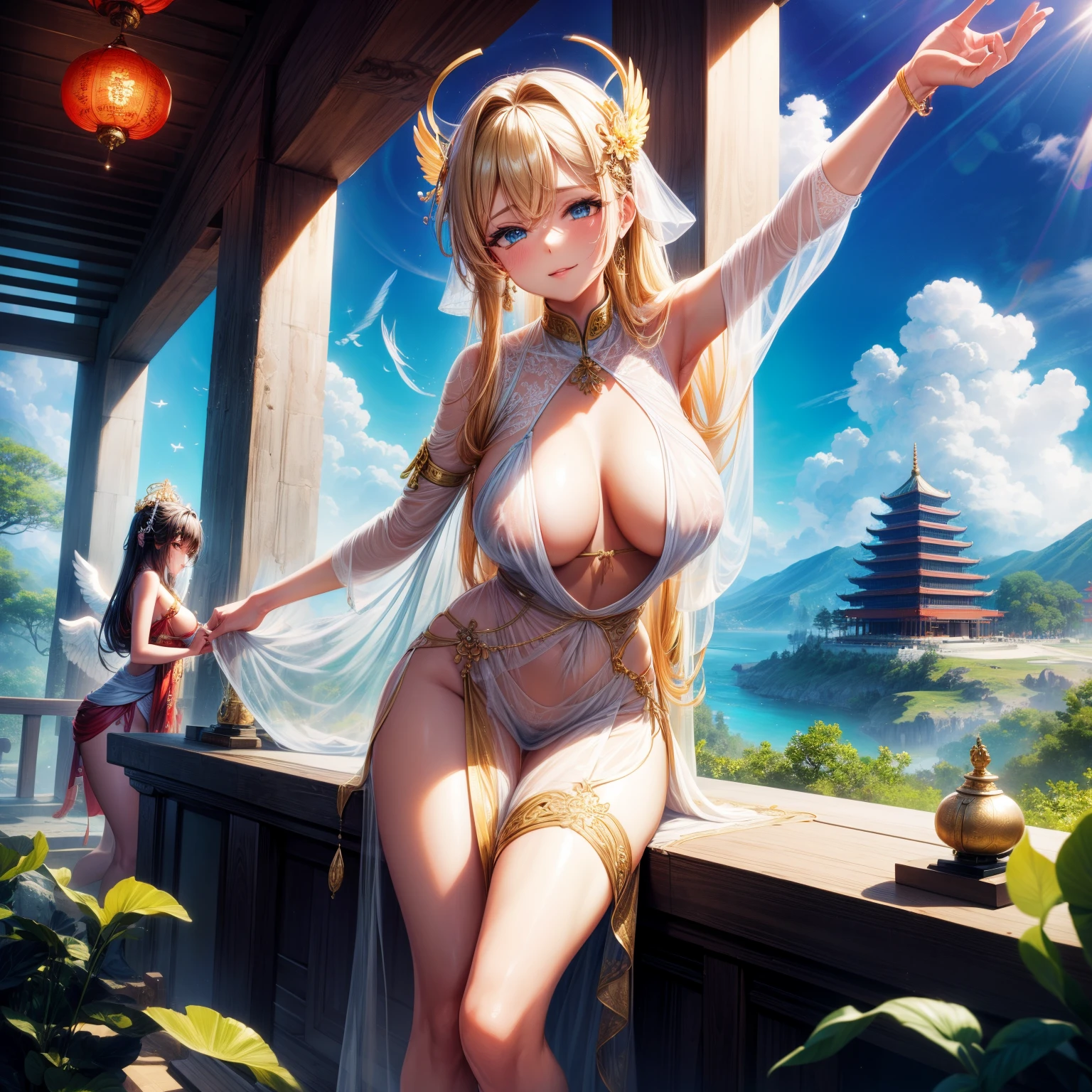 (8K ,hyper-detailing,ultra real photo,Best masterpiece,natural,Perfect artwork,Perfect female body),Two cute busty girls ,Hair color,(Big tits),Angelic,Sankta,obsessed,the angel's wings,The halo,Angel is coming,Inside Guangming Yunhai Temple,Crystal Fish White Jade Pillar Ornaments,glorious paradise,beautiful paradise,golden brilliance,Wearing a see-through sexy gauze skirt,Sexy transparent dress,ssee-through,Built-in thong,The cracks are relatively large,stretch the meat,Raised sexy,Flirtatious,obscene exposure ,Full body photo