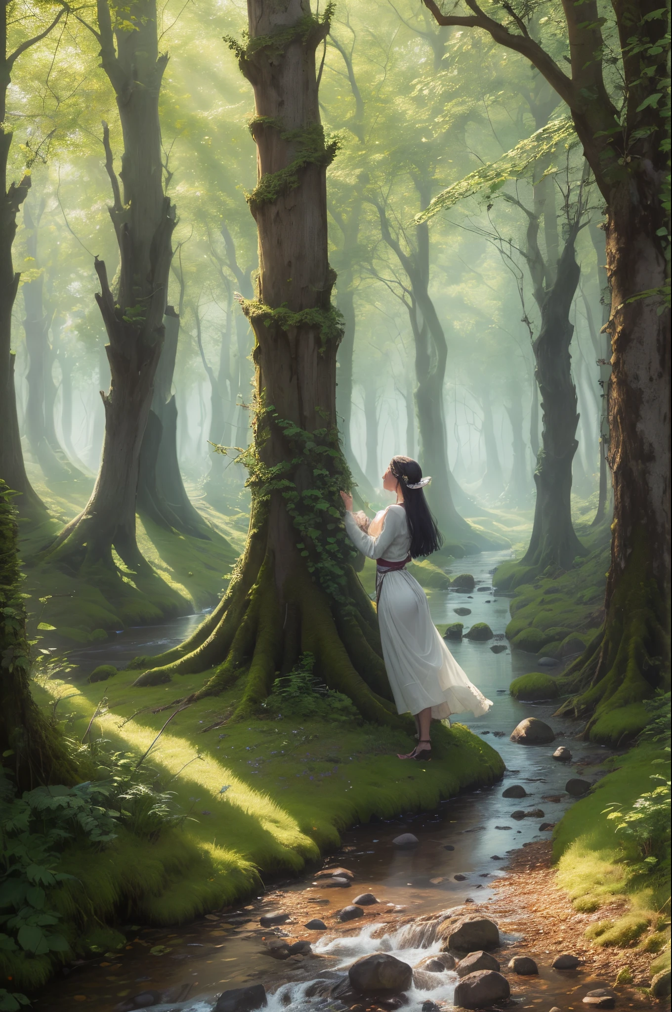 "...guiding her through the secrets of nature." The woods whispered ancient secrets as Thistle led Isel, their path weaving through towering trees and trickling streams. Isel's eyes widened with wonder, absorbing the wisdom hidden within the gentle sway of branches and the dance of sunbeams. -- The image is 4k --auto --s2