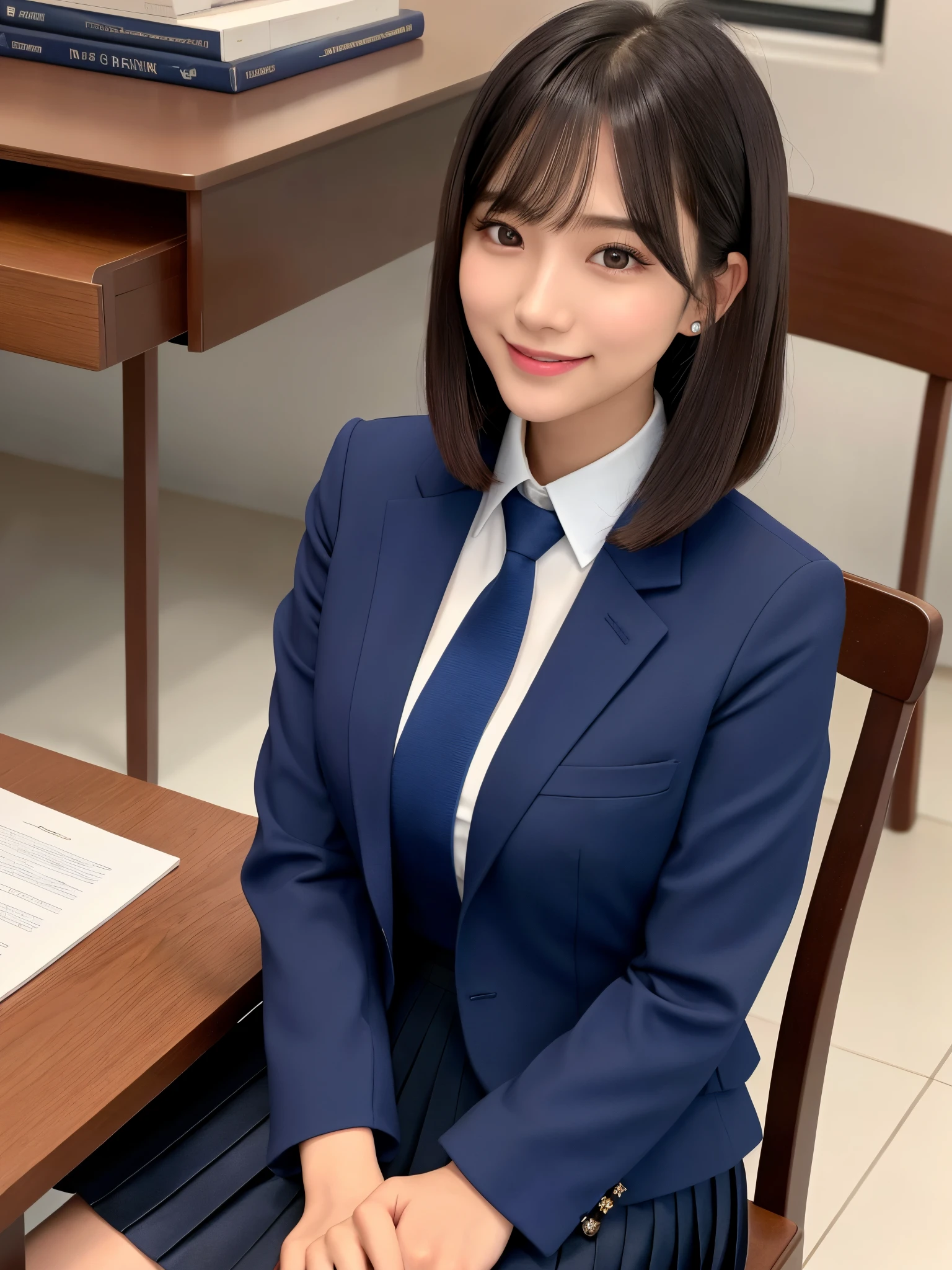 product quality, 1girl, upperbody shot, front view, a Japanese young pretty woman, long bob hair, studying on a chair in front of a desk in a library with a big smile in a high school, glamorous figure, wearing a dark blue blazer over a white collared shirt、wearing a shiny satin dark blue plain long tie, wearing a dark blue pleated skirt, hyper cute face, glossy lips, double eyelids in both eyes, natural makeup, long eyelashes, shiny smooth light brown long bob hair, asymmetrical bangs, skin tanned, central image, high resolution, high detailing, detailed hairstyle, detailed face, spectacular movie lighting, octane rendering, vibrant, hyper realistic, perfect limbs, perfect anatomy