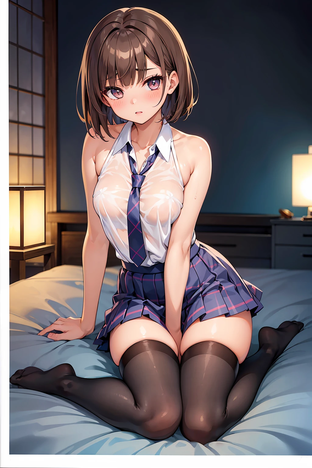 4K8K,masterpiece,best quality,high resolution,((school uniform)),1gir.lloli ,23years old,curvy,brown hair,short hair,ahoge,blush,medium breasts,plaid miniskirt,(((loose socks;1.5))),((micro white panties:1.3)),hair all fours shot top-down bottom-up,,upskirt,skirt lift,spread legs.((open clothes)),(bare breasts;1.2).show off nipple
from below,、bedroom