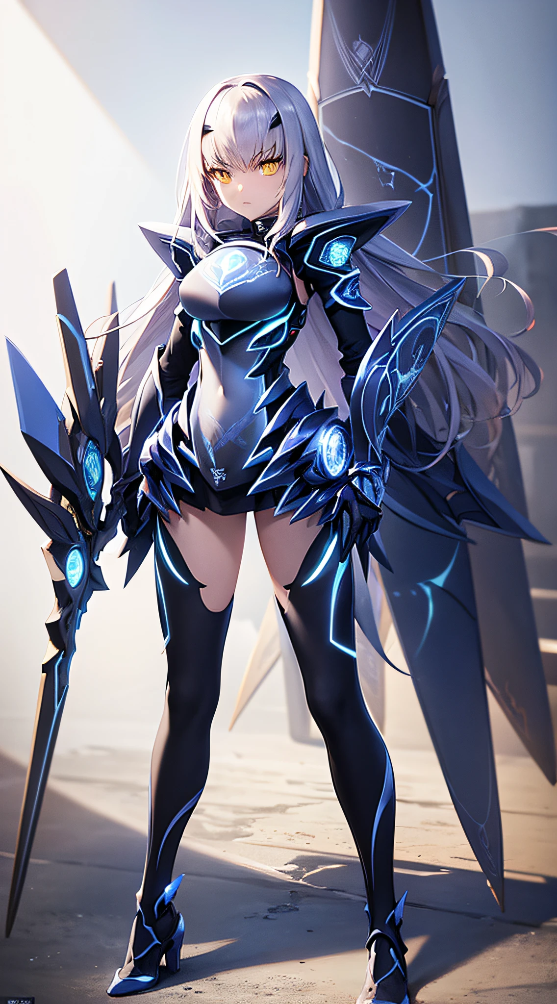 (concept art), full_body, 1girl, masterpiece, highest quality, best quality, highly detailed, best illustration, glowing hair, ray tracing, manga, 1stascend, armored dress, blue armor, yellow eyes,gloves