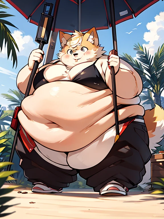 master peice,hyper quality, hyper detailed,Perfect drawing, 1 fat beautiful girl、blonde hair, Akita Inu Bikini、obese body, cute and fat face, Akita Inu ears、Akita Inu tail、Akita Inu palm、Akita Inu paws、Akita Inu fingers、sharp claws、Sharp fangs、Hunter's eyes aiming for prey、Black and blonde mesh、Sharp eyes、Height 177cm、MeasurementsB95W60H90、Kneeling、pow pause, eating a lot food, WeightObese