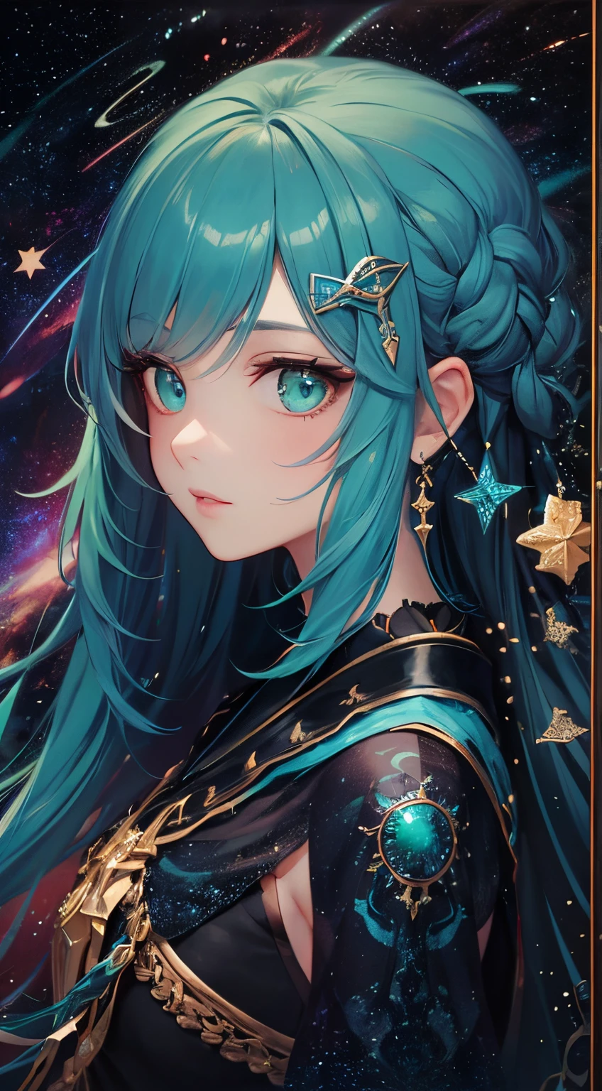Woman with iridescent hair and detailed teal dress armor, Standing, rainbow colored cosmic nebula background, Stars, intergalactic, Intricate details, Perfect face