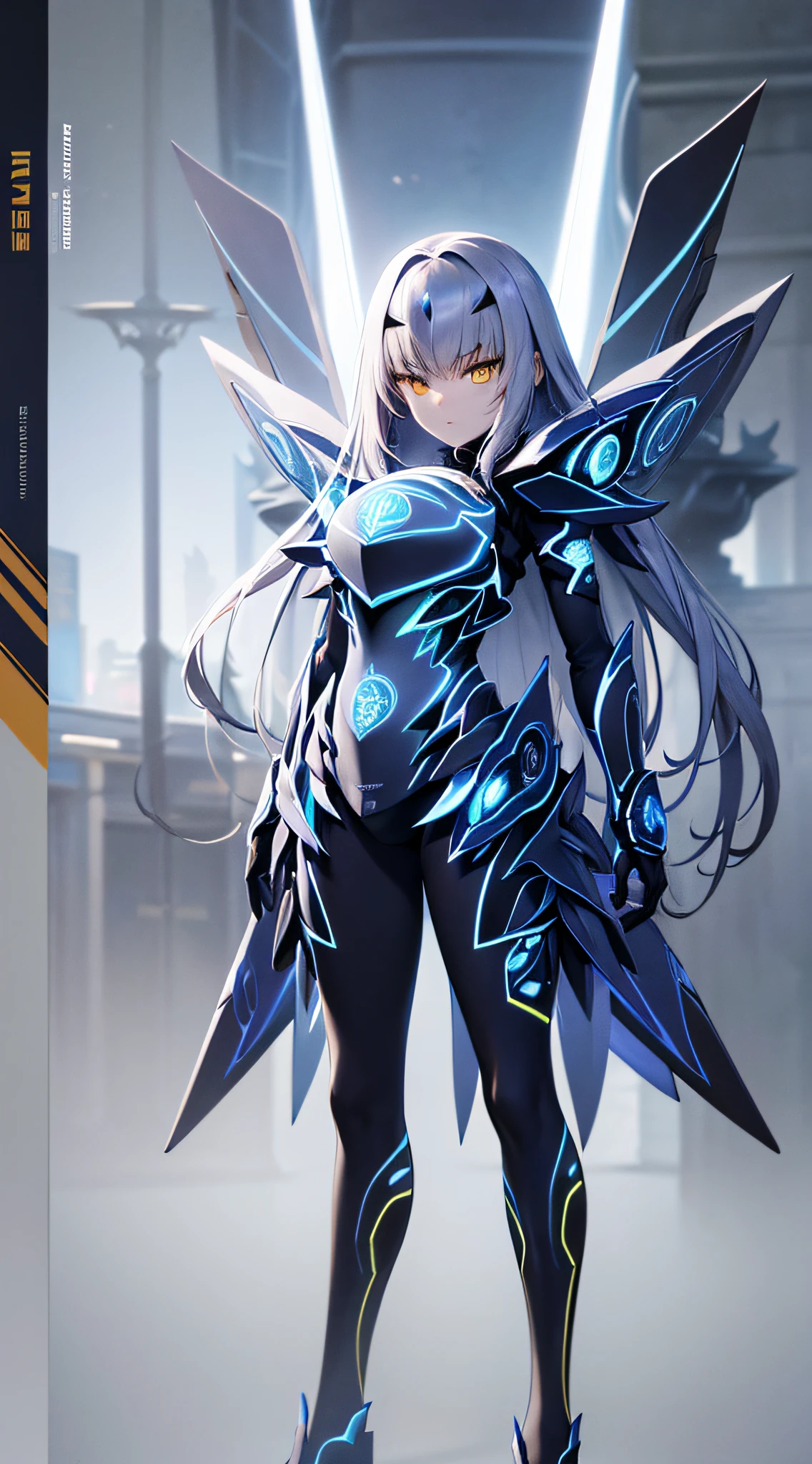 (concept art), full_body, 1girl, masterpiece, highest quality, best quality, highly detailed, best illustration, glowing hair, ray tracing, manga, 1stascend, armored dress, blue armor, yellow eyes,gloves