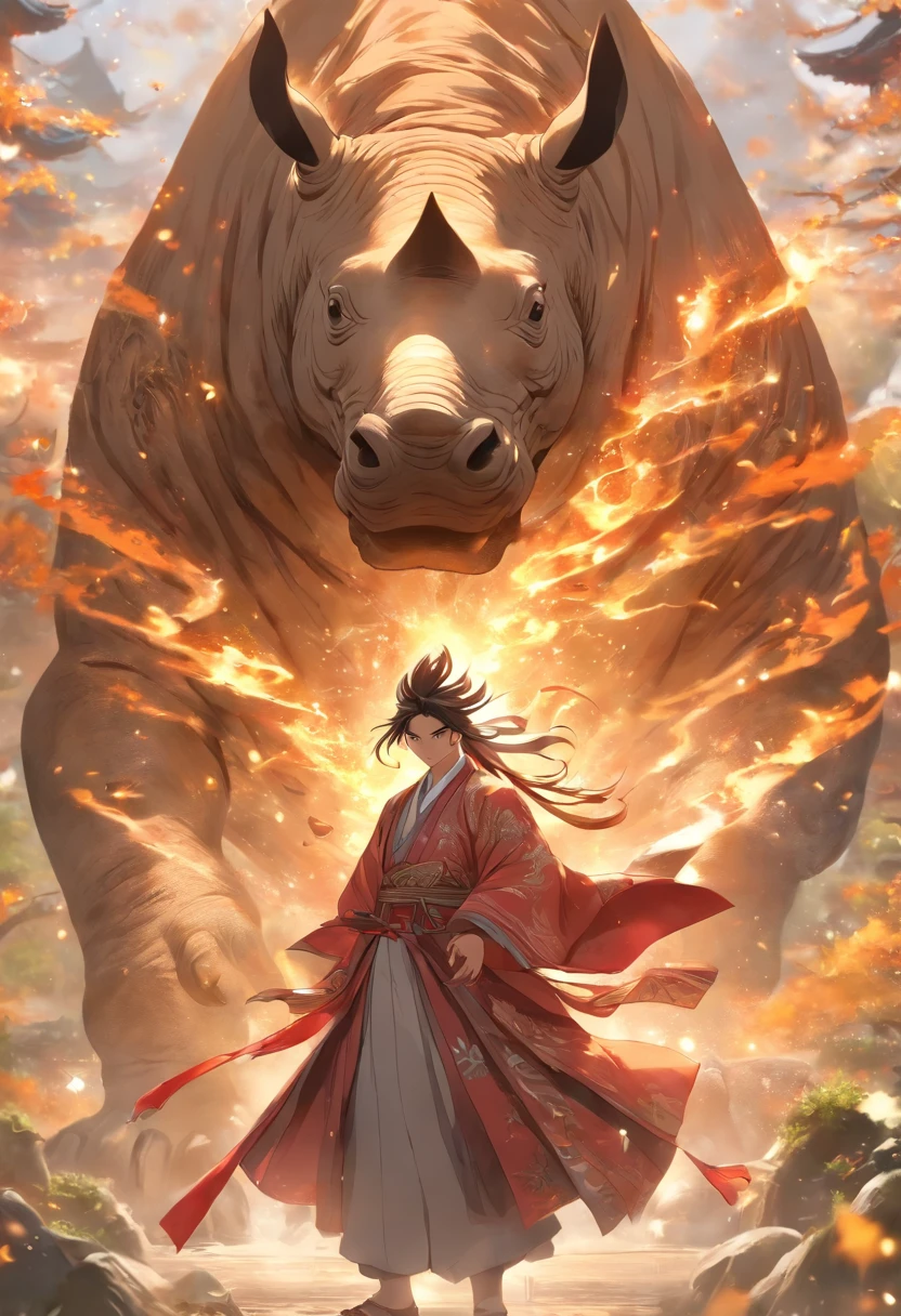 (tmasterpiece), (Best quality at best), Cinematic quality,Rendered by Octane,Ultra-detailed details,1 boy,Cool action,Wearing ancient Chinese Hanfu,(Ancient Chinese Formation:1.2),Energy surrounds,light particle fluid,Fairy air fluttering,Luminous magic circle,Summon ancient beasts,(Behind him a giant rhino:1.5)