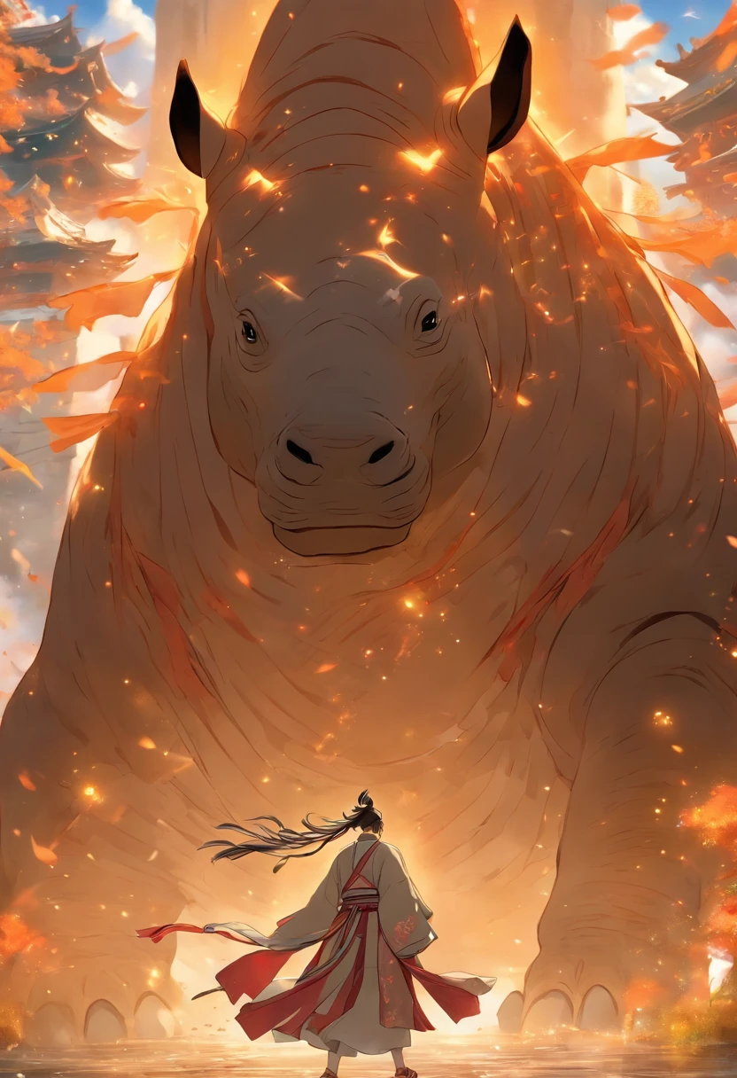 (tmasterpiece), (Best quality at best), Cinematic quality,Rendered by Octane,Ultra-detailed details,1 boy,Cool action,Wearing ancient Chinese Hanfu,(Ancient Chinese Formation:1.2),Energy surrounds,light particle fluid,Fairy air fluttering,Luminous magic circle,Summon ancient beasts,(Behind him a giant rhino:1.5)