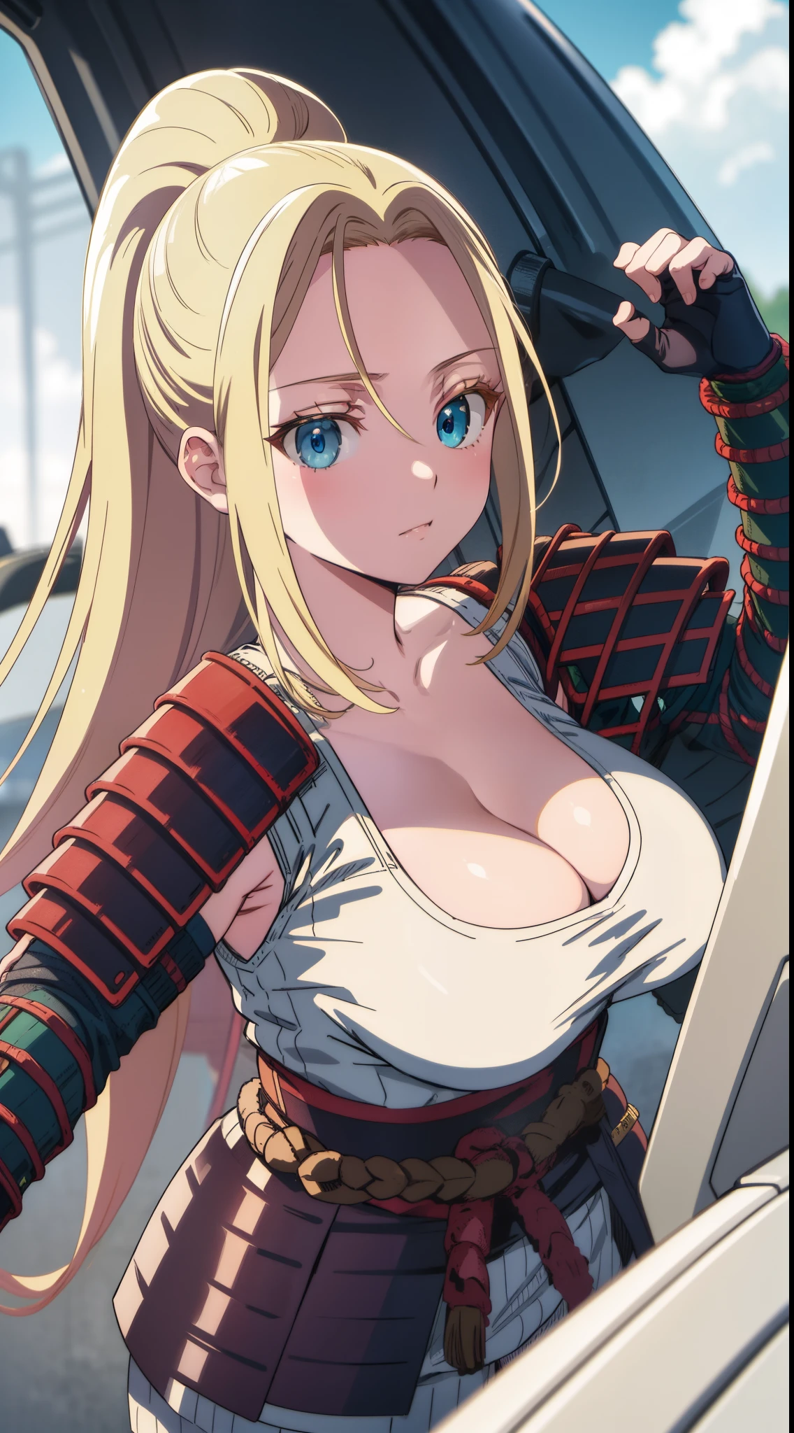 beatrixamerhauser, beatrix amerhauser, long hair, blue eyes, blonde hair, gloves, ponytail, (large breast:1.2),
BREAK gloves, fingerless gloves, armor, japanese armor, tank top, white tank top, cleavage, collarbone,
BREAK looking at viewer,
BREAK outdoors,
BREAK (masterpiece:1.2), best quality, high resolution, unity 8k wallpaper, (illustration:0.8), (beautiful detailed eyes:1.6), extremely detailed face, perfect lighting, extremely detailed CG, (perfect hands, perfect anatomy),