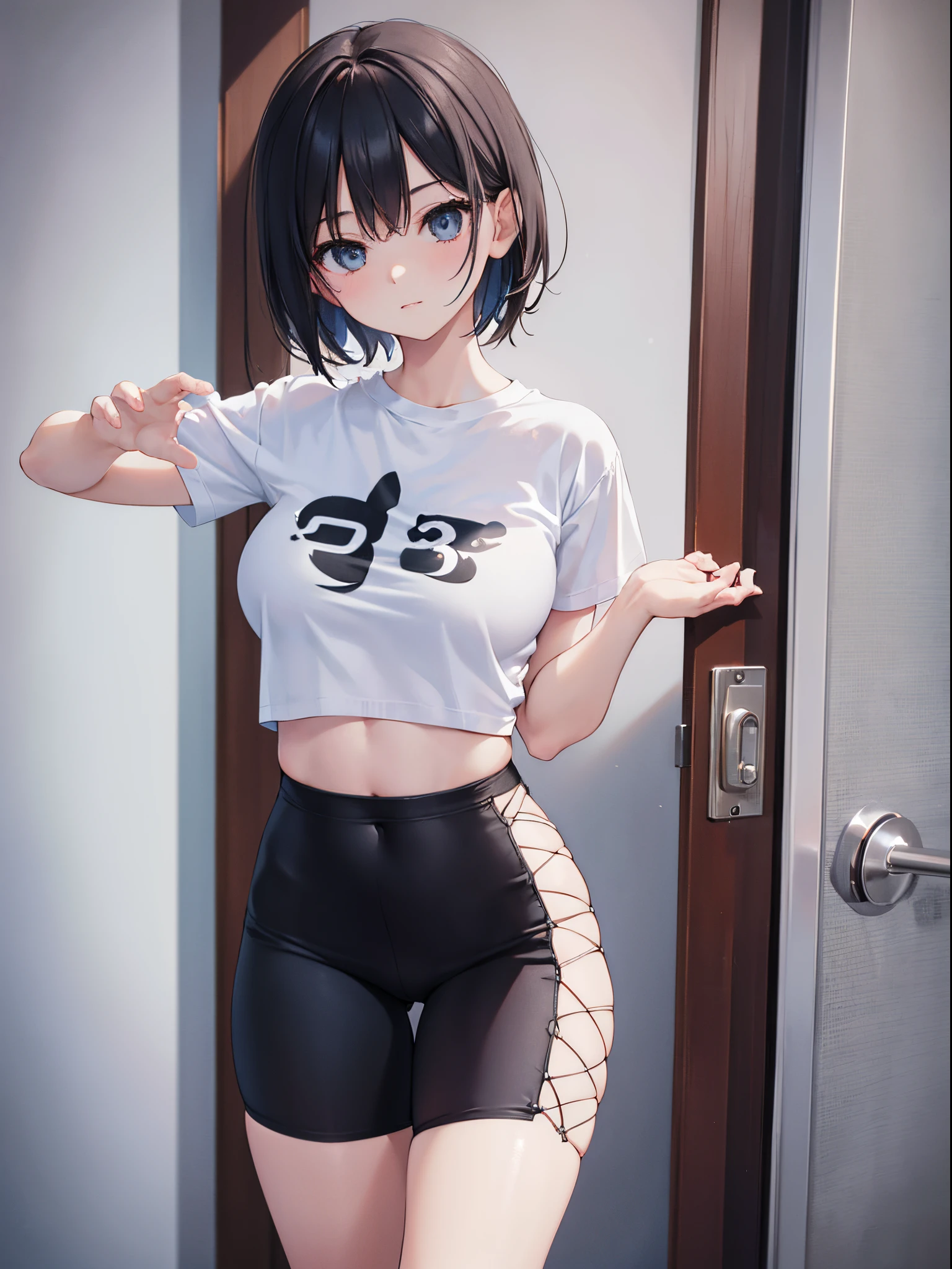 A woman wearing white short sleeves and black leggings，Posing for photos leaning against the door, Exposing the abdomen，The figure is good，The head is not exposed，[ 4K realism ]!!, [ 4K realism ]!!!, [ 4K digital art ]!!, Realistic shadow perfect body, realisticlying!!!!!!! art-style, photorealistic anime, by Shitao, Popular topics on cgstation, Casual pose, realistic anime 3D style