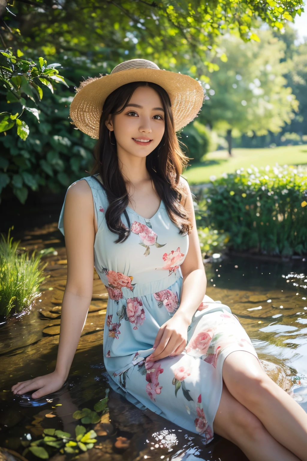 (best quality,4k,8k,highres,masterpiece:1.2),ultra-detailed,(realistic,photorealistic,photo-realistic:1.37),girl with a Siberian Husky,dreamy lighting,peaceful atmosphere,natural surroundings,medium:oil painting,beautiful detailed eyes,cute smile,flowing hair,vibrant colors,girl's joyful expression,sunlight filtering through the trees,blossoming flowers in the garden,butterflies fluttering around the girl,girl wearing a floral dress and a straw hat,green grass and a small stream running through the garden