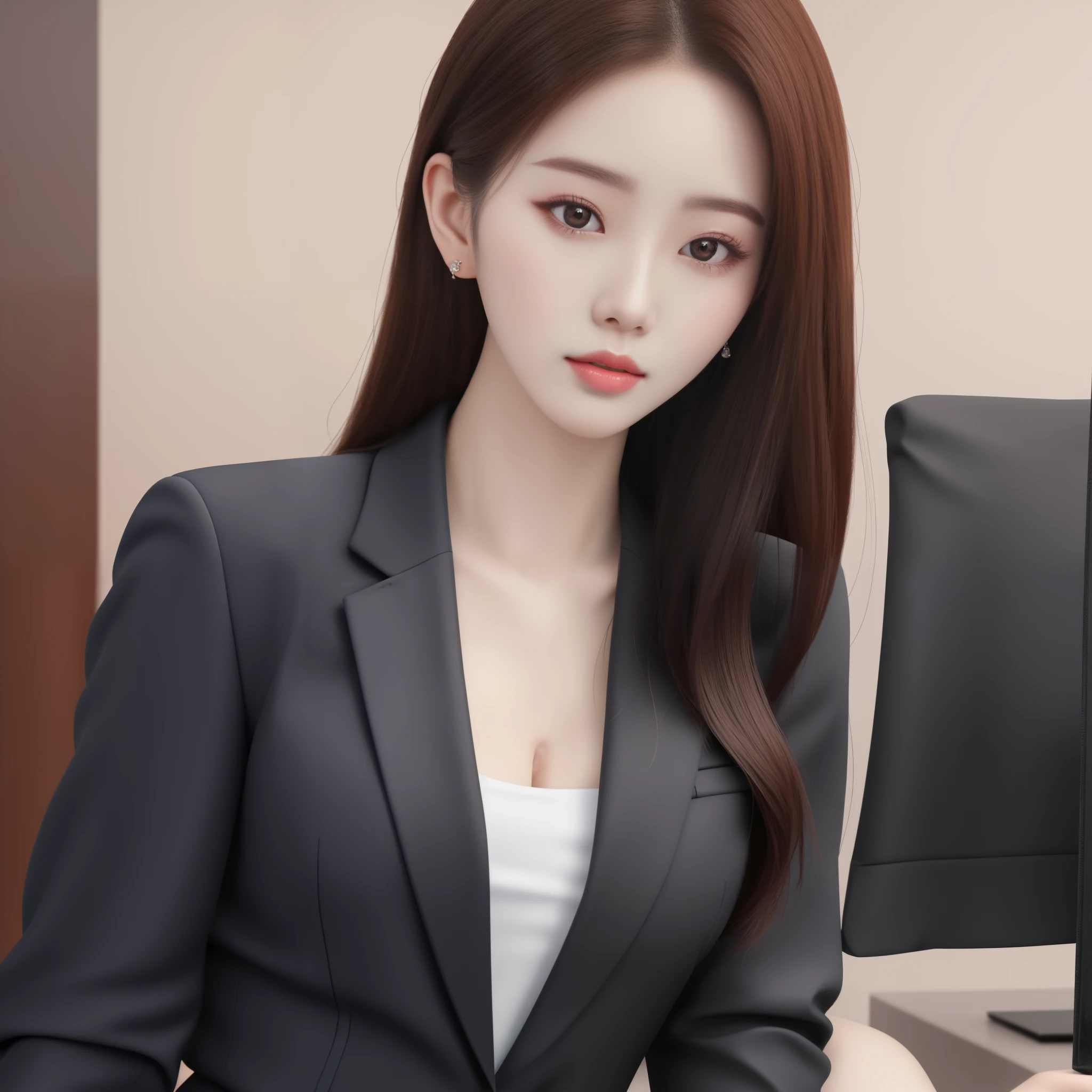 There is a woman wearing a white jacket and a white casual suit, Stylish white skinny suit, Korean girls, realistic anime 3D style, Inspired by Shen Si Zheng, beautiful Korean women, gorgeous young korean woman, realistic person, korean woman, digital art - w 640, digital art of an elegant, perfect android girl, Portrait of a Korean female idol,Modern balcony half-length photo with background