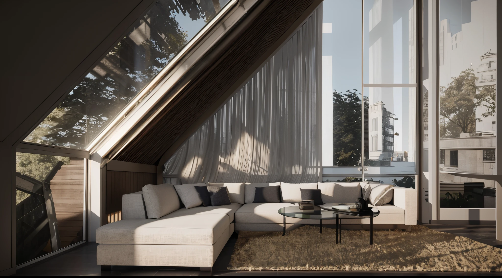 A sofa and a table in a room with large windows, building rendering, building rendering, archviz, archviz, detailed archviz render, architectural 3d render, with backdrop of natural light, Dramatic lighting rendering, Vray rendering, Award-winning rendering, archviz, atmospheric render, Encapsulated rendering, dramatic rendering, realistic physical rendering