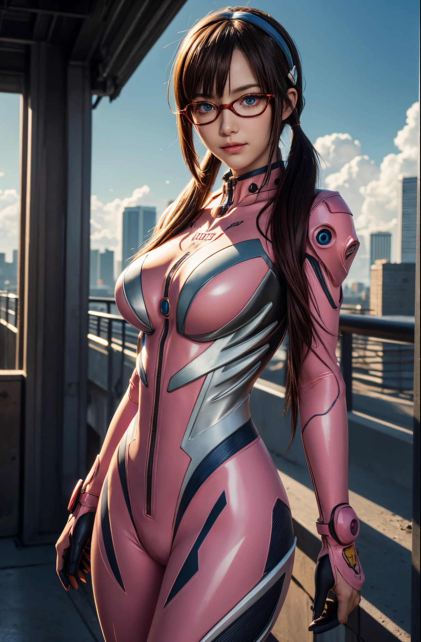 1girl, mari makinami, huge breasts, perfect body,long hair, brown hair, twintails, (low twintails:1.5), hairband, blue hairband, blue eyes, (parted bangs:1.5), smile, BREAK bodysuit, mecha, science fiction, red-framed eyewear, pilot suit, plugsuit, pink bodysuit, BREAK outdoors, city, sun, sky, clouds, BREAK looking at viewer, (cowboy shot:1.5), BREAK (masterpiece:1.2), best quality, high resolution, unity 8k wallpaper, (illustration:0.8), (beautiful detailed eyes:1.6), extremely detailed face, perfect lighting, extremely detailed CG, (perfect hands, perfect anatomy)