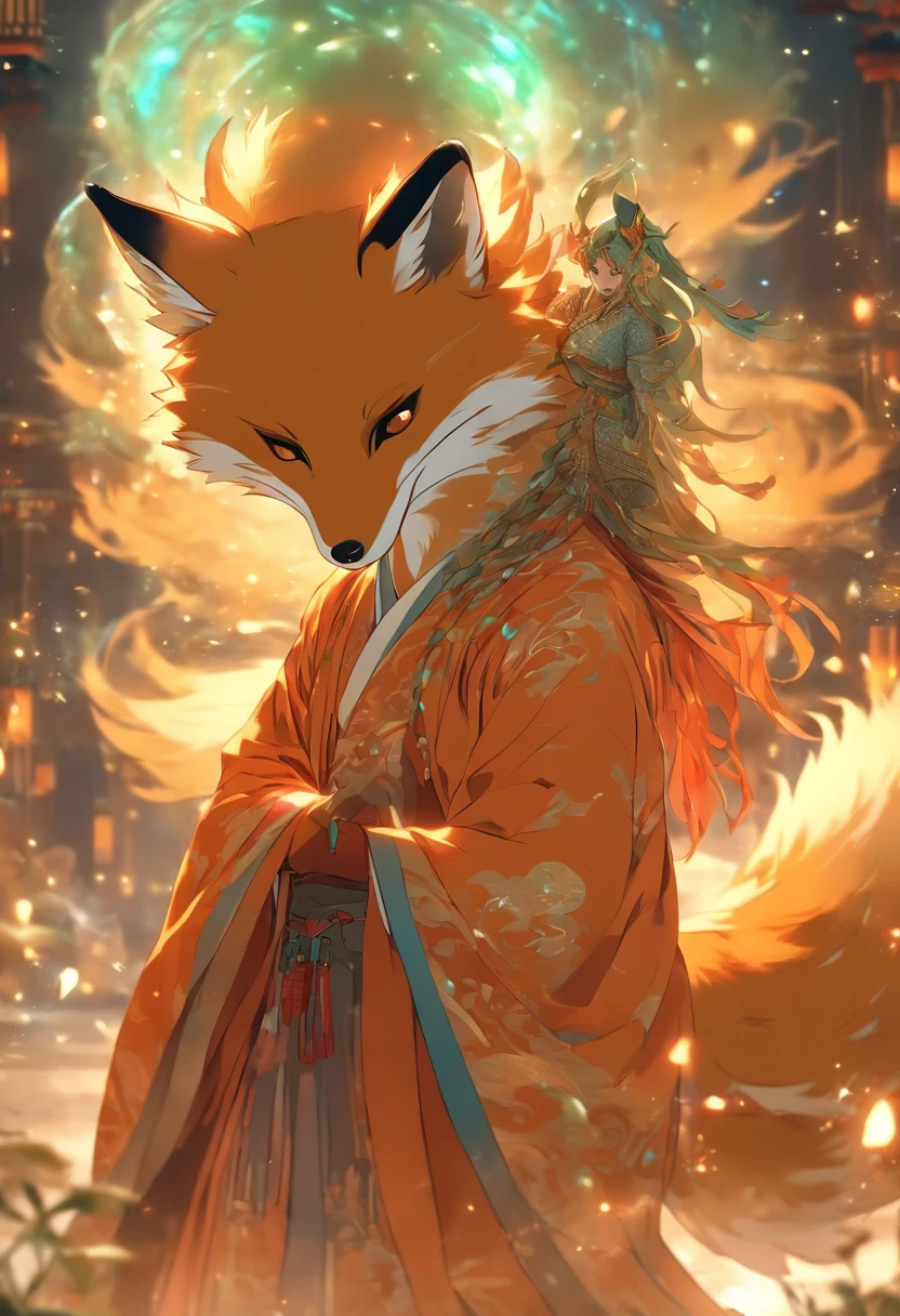 (tmasterpiece), (Best quality at best), Cinematic quality,Rendered by Octane,Ultra-detailed details,1 boy,Cool action,Wearing ancient Chinese Hanfu,(Ancient Chinese Formation:1.2),Energy surrounds,light particle fluid,Fairy air fluttering,Luminous magic circle,Summon ancient beasts,(Behind him,is a huge fox:1.5)