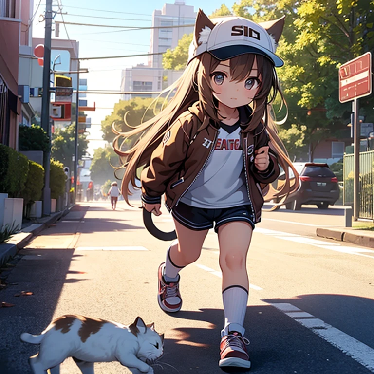 Best Quality,High resolution, Ultra-detailed,Game CG,NSFW,Child's body shape, long brown hair,micro shorts,white socks,sneakers,baseball cap,cat ears,cat tails,In the street,take a walk,