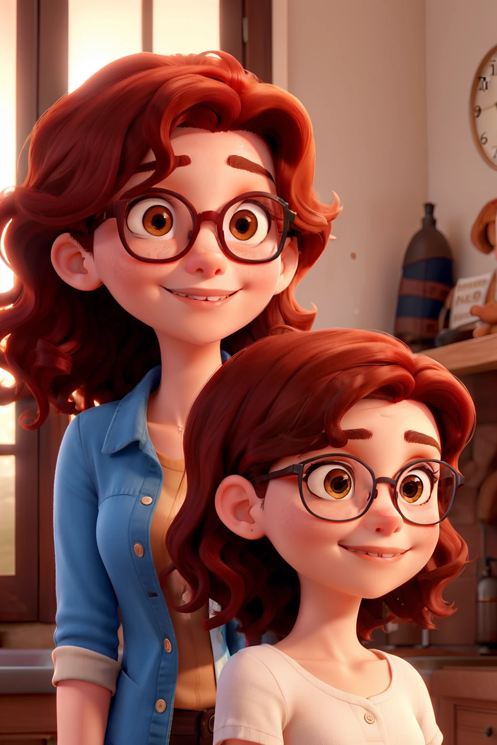 Duas meninas que se amam, one with extremely short red hair and brown eyes and the other girl with wavy hair down to her shoulders, brown eyes and glasses to see