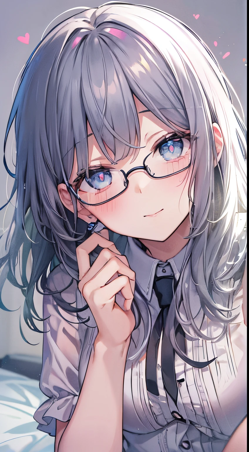 darkintenseshadows, yellow-eyed, Medium hair, black hair color hair, through bangs, , ssmile,, rays of sunshine, On a white bed,Long gray hair,Handsome,Wears black glasses,Blue pupil,blue color eyes,There is a blush on the face,white shirt,exposing her chest,seductiv,seduce,There are pink hearts in the pupils,white stockings