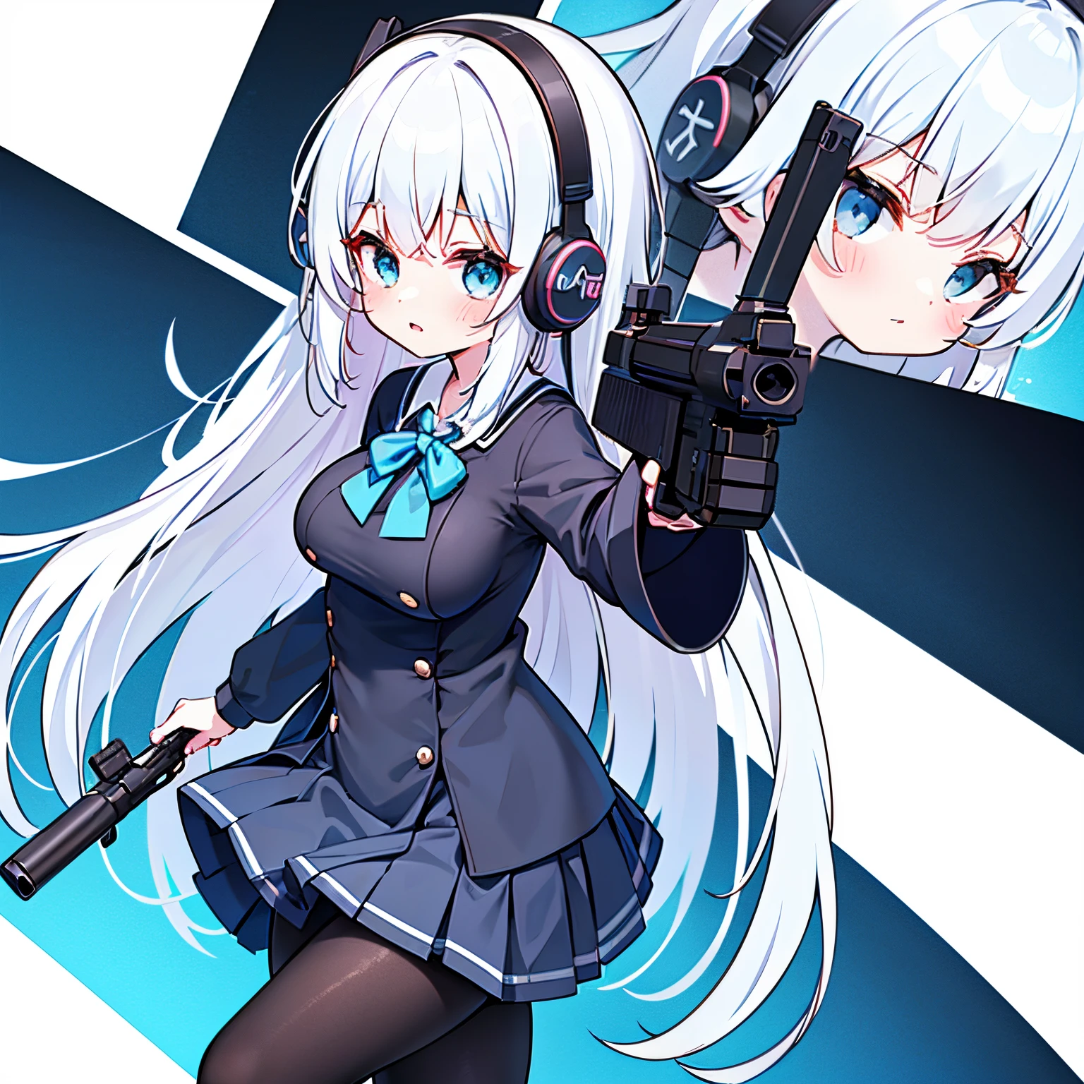 "anime girl, 1 person, silver-white hair mixed with black, blue eyes, wearing headphones, female shirt, female school uniform, big breasts, tights, standing cross-legged, holding a gun pointing at the perspective , side view, , (full HD 4K+ image)"