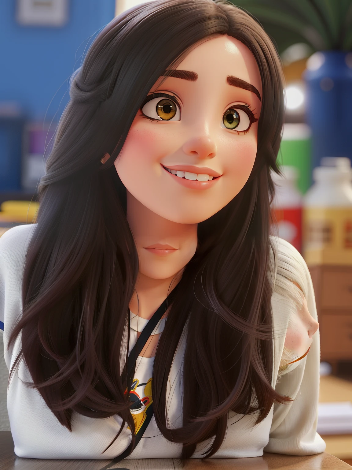 Beautiful woman, 20 anos, cabelo castanho liso, olhos castanhos escuros, maquilhada ligeira vestindo uma camiseta de brilhantes, usando brincos