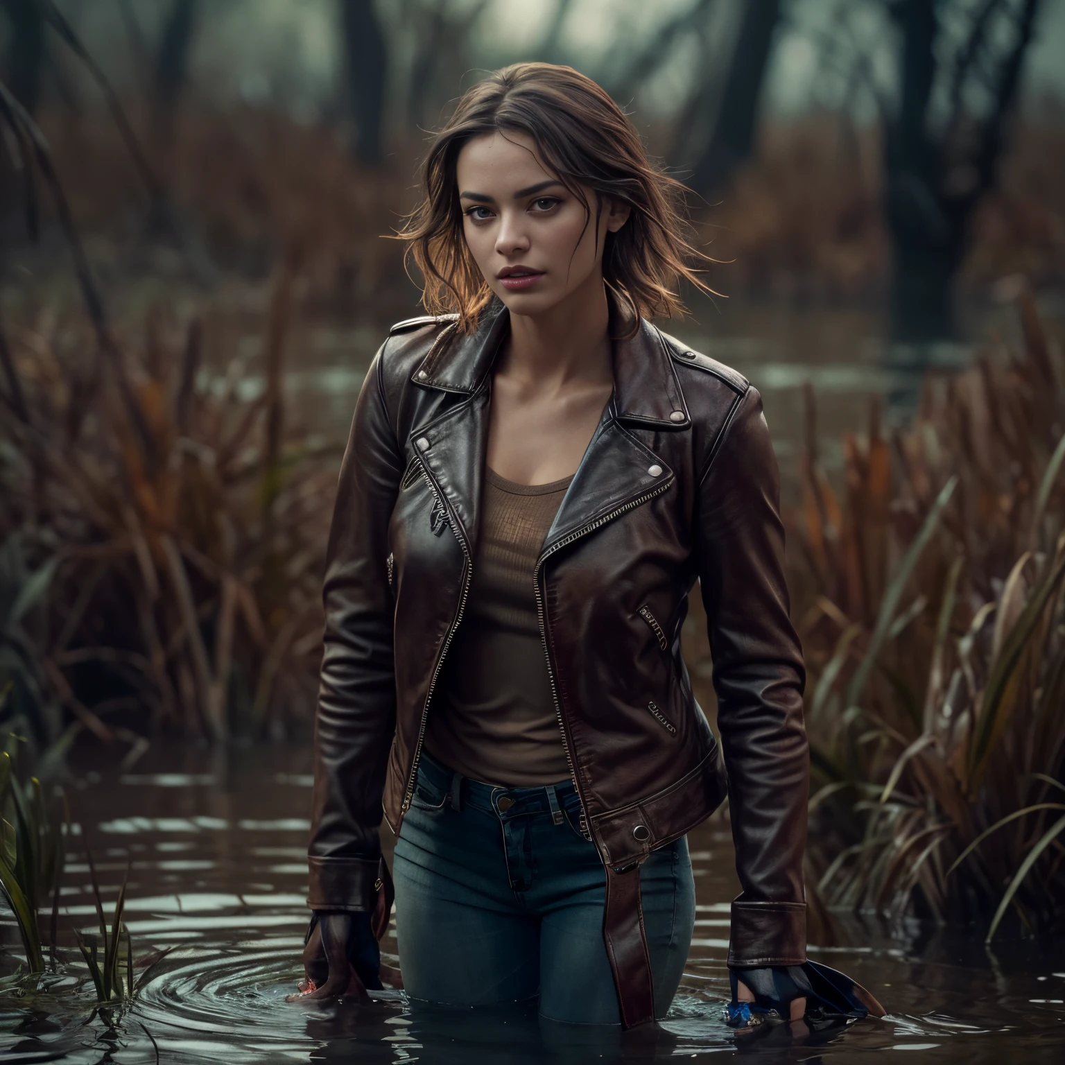 The woman, in a leather jacket, wearing jeans, drowning in a swamp, lonely sex:1.1, fetish,gloomy ecstasy:1.2, shame, when the brown jew soaks her clothes. (Best Quality,4k,8K,hight resolution,Masterpiece:1.2), Ultra-detailed, (Realistic,Photorealistic,photo-realistic:1.37), HDR, UHD, studio lightning, extreme detail description, Professional, Vivid colors, bokeh, portrai, brown color tones, dramatic lighting.