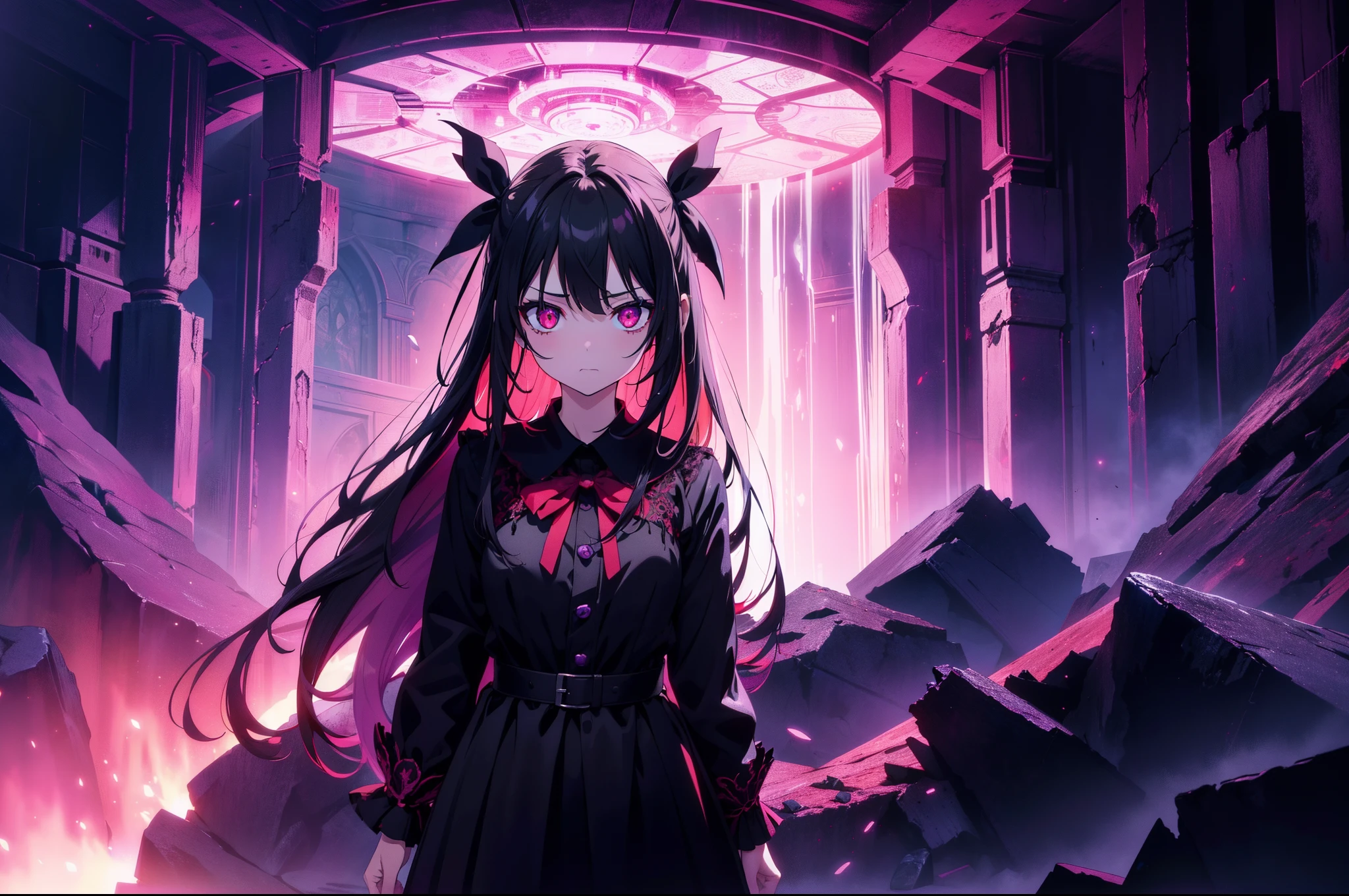 1 li girl ,standing in front of hell gate ,front , character focus, concept art, fantasy art, (red and violet lighting),cinematic lighting , (rape face) ,black long straight hair, black hair, hair ribbon , red eyes,black dress, (glowing eyes), (((horror art))), high resolution,(incredibly absurdres) ,extremely detailed CG unity 8k wallpaper, ((masterpiece)), ((top-quality)), (beautiful illustration), ((an extremely delicate and beautiful))