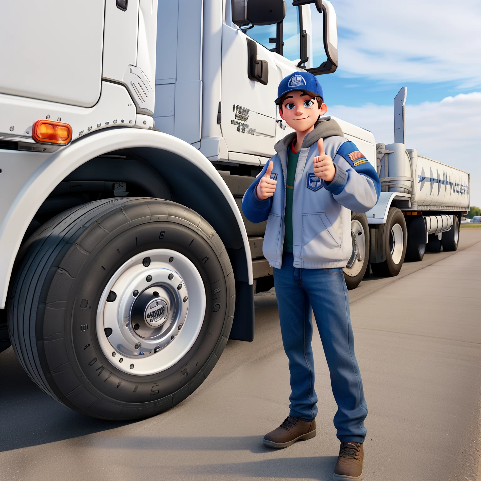 /imagine white Truck driver giving thumbs up and checking semi truck wheels tires truck inspection maintenance