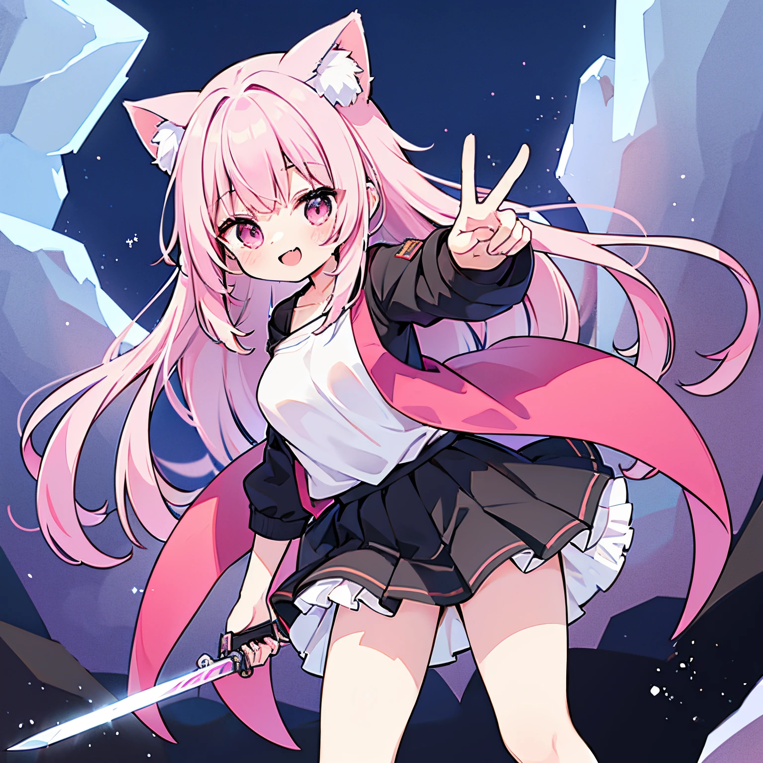 "anime girl, 1 person, pink hair, pink cat ears, pink eyes, t-shirt, white t-shirt, black women's open-shoulder jacket, black miniskirt, big breasts, has twin takana swords on her back, takana swords,  There are ice crystals flying around behind, holding a sword, fighting, dual takana swords, smiling triumphantly, solo, frontal view, standing cross-legged. (full HD 4K+ image)"