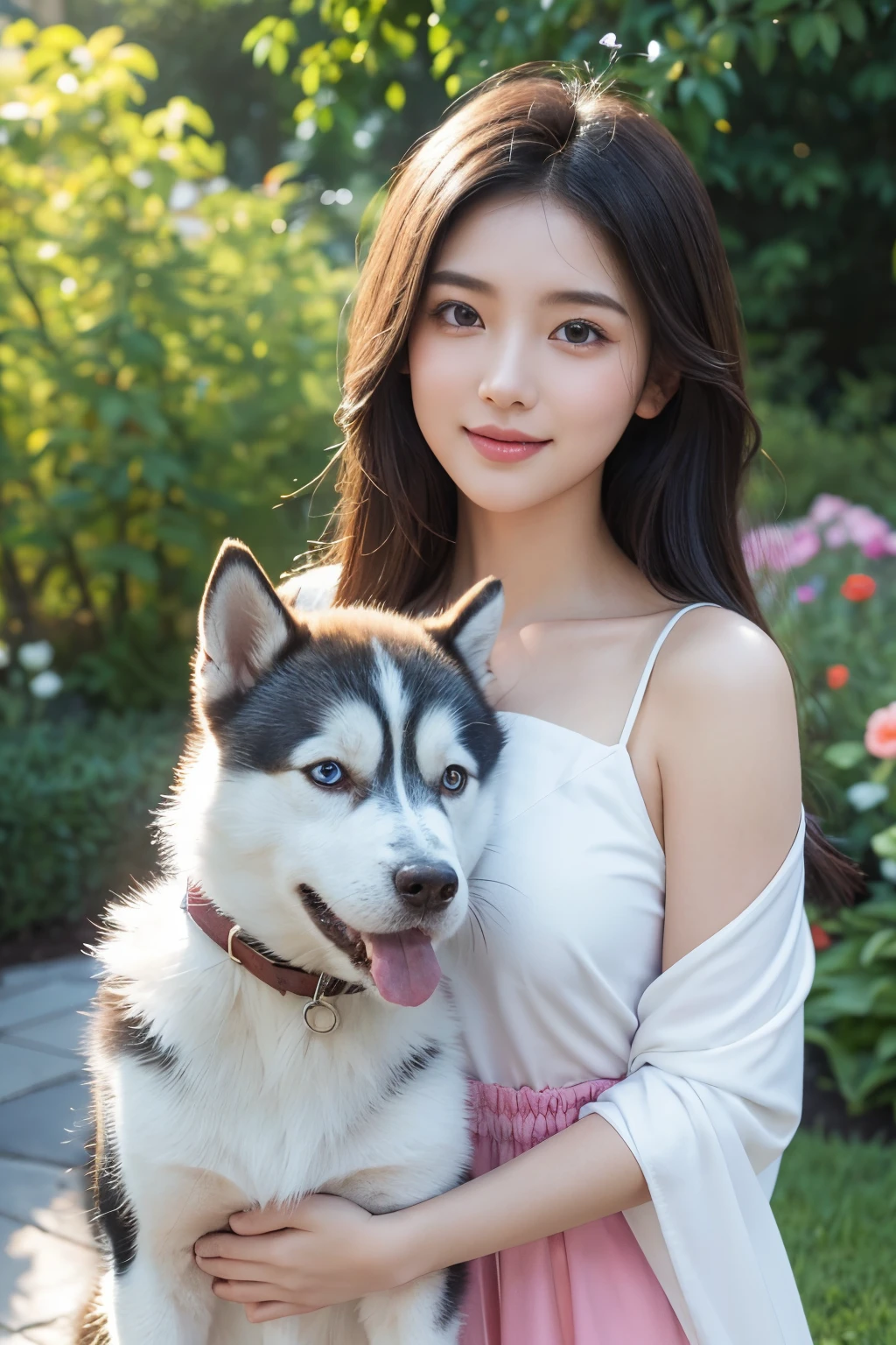 A young girl, vibrant and full of life, standing in a lush garden surrounded by blooming flowers. Her eyes shine with curiosity and wonder, reflecting the beauty of her surroundings. Her lips, rosy and slightly parted, reveal a hint of a joyful smile. The girl's face and features are exquisitely detailed, capturing every subtle expression and emotion.

The girl's long eyelashes flutter as she gazes upon a playful Husky standing beside her. The dog's eyes are bright and full of mischief, matching the girl's energetic nature. The Husky's fur is soft and fluffy, with shades of silver and white, beautifully contrasting the vibrant colors of the garden.

The garden itself is a masterpiece of nature's artistry. It is filled with a variety of flowers, from delicate roses to colorful tulips, creating a symphony of colors. The sunlight bathes the scene, casting a warm glow on the girl and the garden, enhancing every detail and texture.

The image is of the highest quality, with an ultra-detailed rendering that captures the intricate textures and patterns of the flowers and the girl's attire. The colors are vivid and vibrant, bringing the scene to life. The lighting is soft and natural, emanating from the sun, creating gentle shadows and highlights that add depth and dimension to the image.

In terms of art style, the image embodies the beauty of a traditional portrait, with a touch of whimsy and fantasy. The colors are harmonious and saturated, reflecting the joyful and lively atmosphere of the scene. The overall color tone leans towards warm tones, with hints of golden sunlight.

With this prompt, Stable Diffusion will create a stunning image of a young girl and a Husky in a blooming garden, capturing the essence of their playful and joyful interaction.