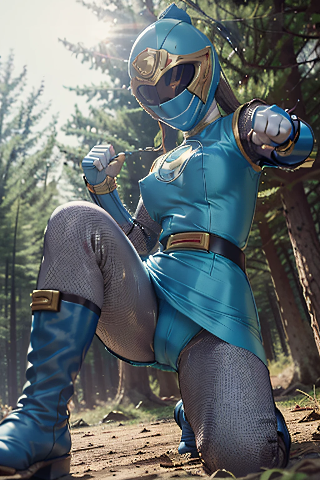 ((1 girl in)), Solo, ((Full face helmet with no exposed face and head hair)), hurricane blue,ninpuu sentai hurricanger, (Thick and intricate lines drawn on the chest), Lines on the sides of the suit, a belt, The suit is blue with long gloves and boots are white,ultra miniskirt,fishnets, (Very shiny helmet and suit), Three-dimensional helmet,Perfect balance,Highly detailed CG Unity 8K wallpaper, Perfect Lighting, masutepiece,Best Quality, 超A high resolution,4K,Ultra-detailed, Photography, 8K, nffsw, hight resolution, absurderes:1.2, Kodak Portra 400, Film grain, Lens Flare,professional photograpy, ((Anatomically correct)), outdoor,forest,(fighting stance, kung hu pose, kung fu action, dynamic angle, battle:1.3),large breasts,erected nipples,cameltoe,spread legs,from below,(torn costume:1.3),(see through nipples:1.2)