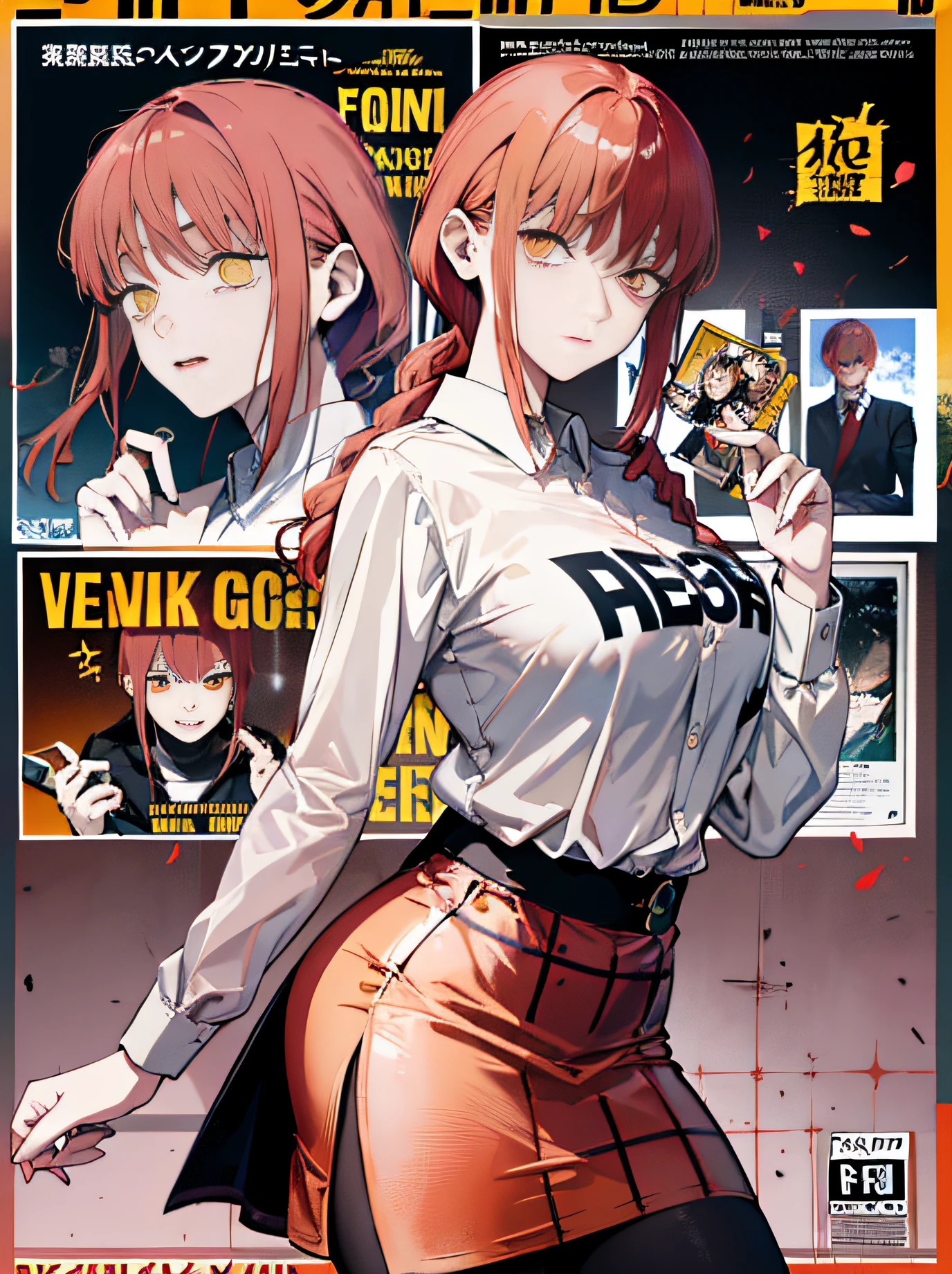 (masterpiece、top-quality、hight resolution)、 Kana Arima \(Oshinoko\), full of shyness、red hairs、Bob Hair、a miniskirt、Cheeks in a tight skirt、Wavy mouth、(((Dramatic)))、(((gritty)))、(((vehement))))The poster of the film appears as a central character。She is shy in the center of the poster、Wearing an idol costume、Has a determined look。The background is dark and rough、I feel like I'm drunk。Text is bold and eye-catching、Catchy slogans add to the overall drama and excitement。The color palette is dominated by dark colors.、Bright colors dotted、Make your poster dynamic and visually impactful、Tachi- e(magazine:1.3)、(cover-style:1.3)、Fashionable、with a vibrant、outfits、the pose、the front、colourfull、Dynamic、Background with、element、self-assured、Expressively、ngel、statement、attachment、An majestic、coiled、surroundings、Touch、The scene、Texto、covers、boldface、grab attention、Titles、lo fashion、Font、Catchy、Titles、Large、grab attention、moderno、 Trendy、concentrating、Stylish、1 girl in