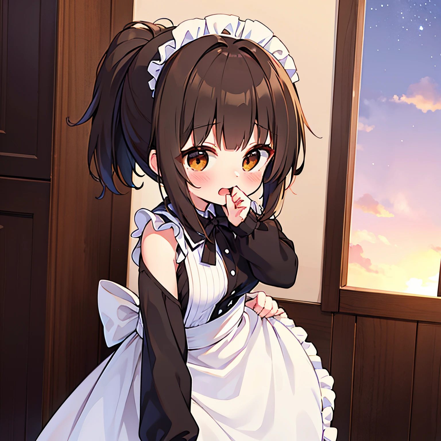 "anime girl, 1 person, dark brown hair, ponytail, ponytail, hair tied, brown eyes, hair tie in mouth, maid, maid lolita,loli, big breasts, blushing, solo, side view front, (full HD 4K+ image )"