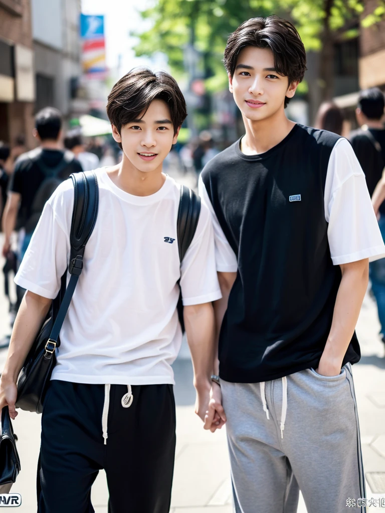 (top-quality、8k、32k、​masterpiece、UHD:1.2)、((boys))、Japanese、Men's Models、(Men's Talent)、((boy character:1.3))、年轻、A detailed face、skinny  body、A detailed eye、detaileds、Sunny and sunny、dust particles、natural soft light、blanche、cleanliness、a cool、(cute little:1.2)、simple and pure、(A boy becoming a woman in everyday life on the street)、((The sexual excitement of a friend and a boy&#39;s love))、Surprised and confused expression、(Casual clothing)、(A dark-haired)、Beautiful skin、Handsome boy、robust、{Seduce with charm}、men&#39;s pair、Couple boys